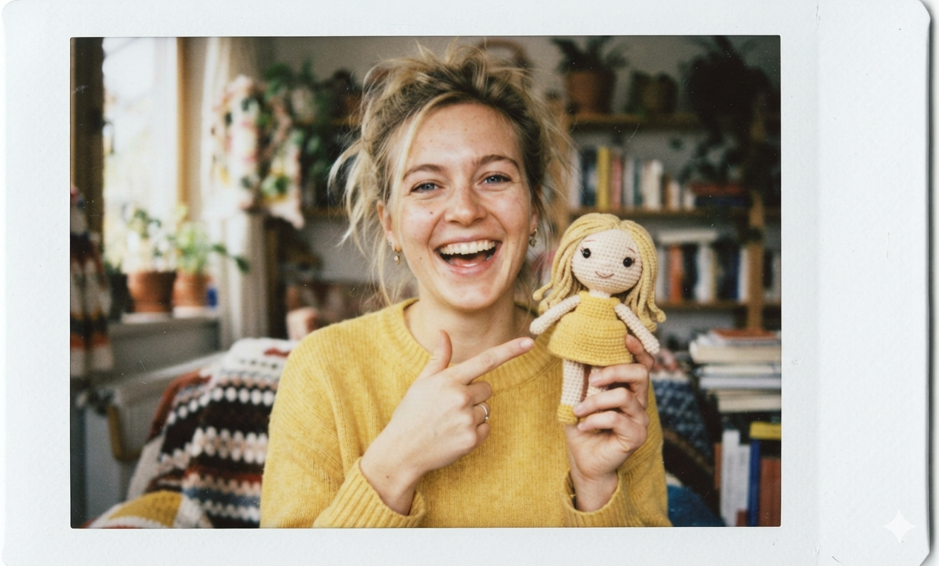 Personalized Look Like Me crochet doll: A smiling girl showing off her handmade portrait doll with blonde hair and yellow dress.