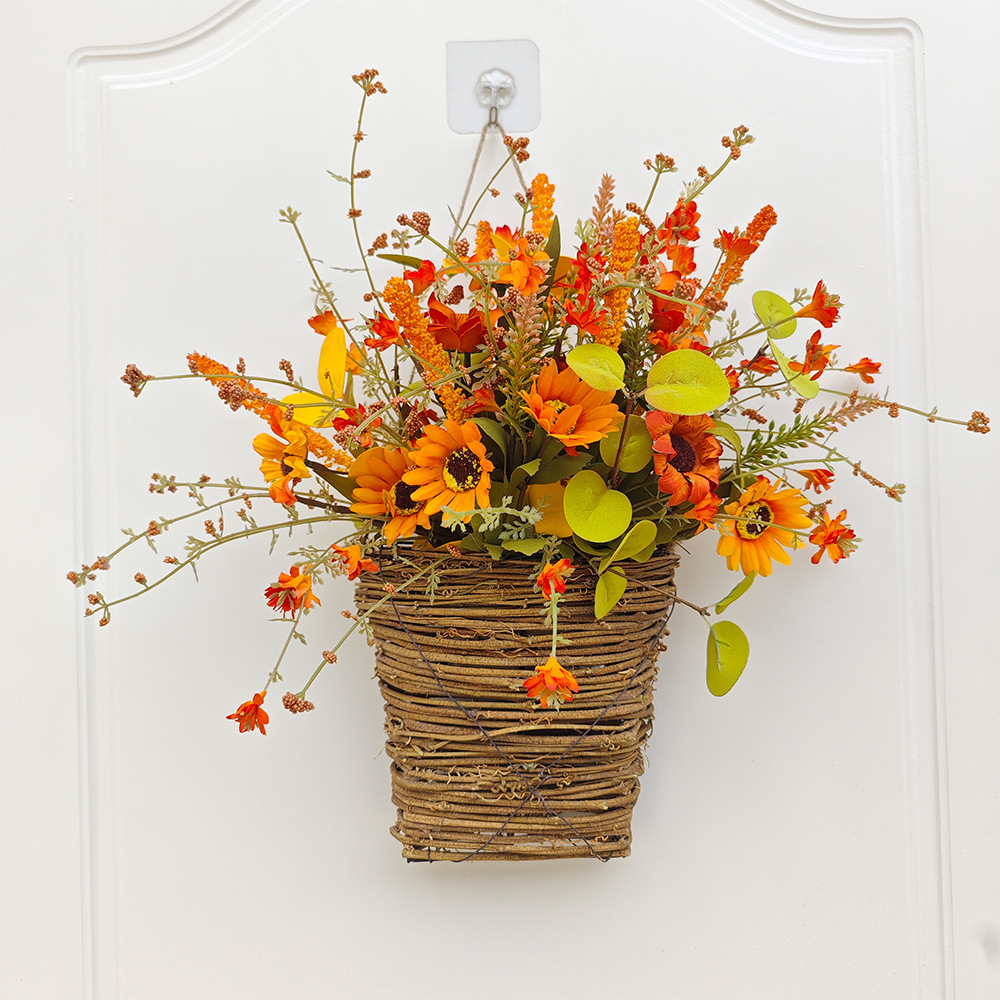 Thanksgiving Decorations Home Decor Sunflower Maple Leaf Rice Ear Door Basket Wreaths 13.8inch