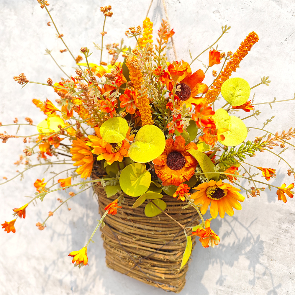 Thanksgiving Decorations Home Decor Sunflower Maple Leaf Rice Ear Door Basket Wreaths 13.8inch