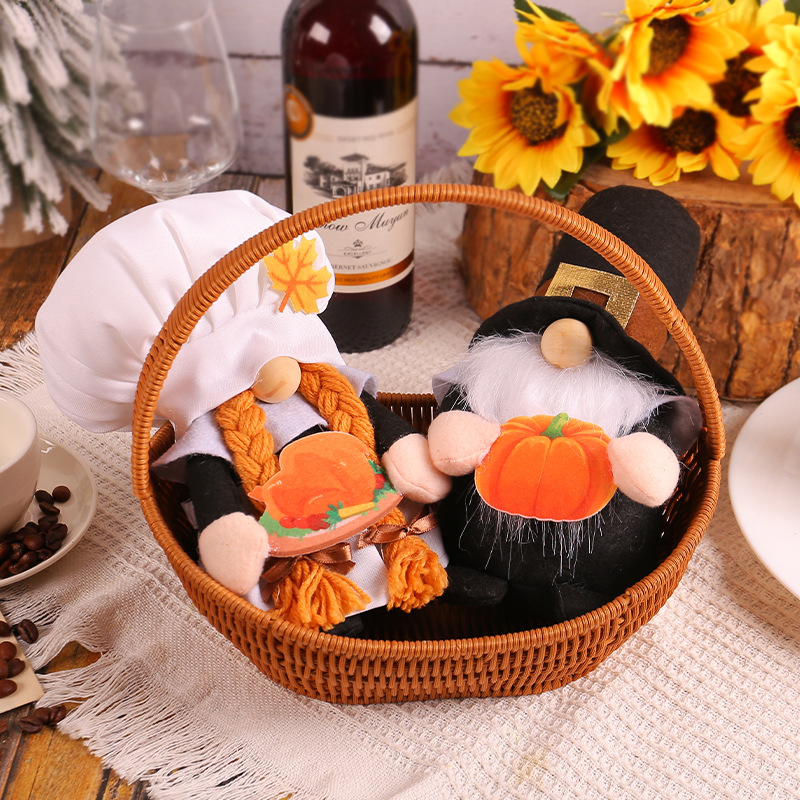 Thanksgiving Decorations Home Decor Chef & Gift Box Hat Gnome Hold Pumpkin Plush Doll 2pcs