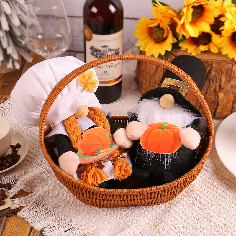 Thanksgiving Decorations Home Decor Chef & Gift Box Hat Gnome Hold Pumpkin Plush Doll 2pcs