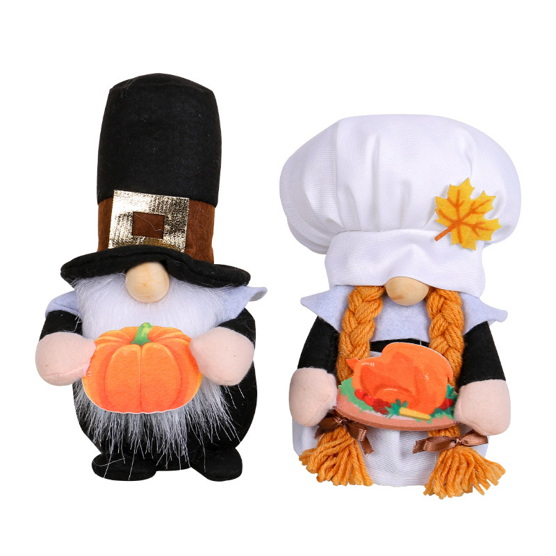 Thanksgiving Decorations Home Decor Chef & Gift Box Hat Gnome Hold Pumpkin Plush Doll 2pcs