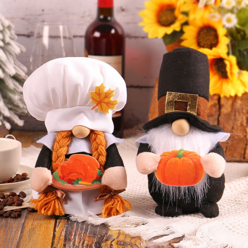 Thanksgiving Decorations Home Decor Chef & Gift Box Hat Gnome Hold Pumpkin Plush Doll 2pcs