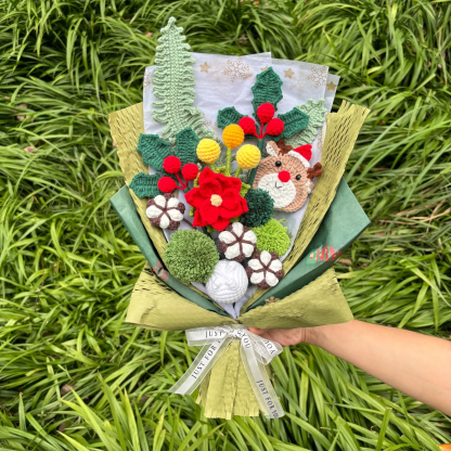 Handmade Christmas Reindeer Crochet Flower Bouquet Holiday Decor 