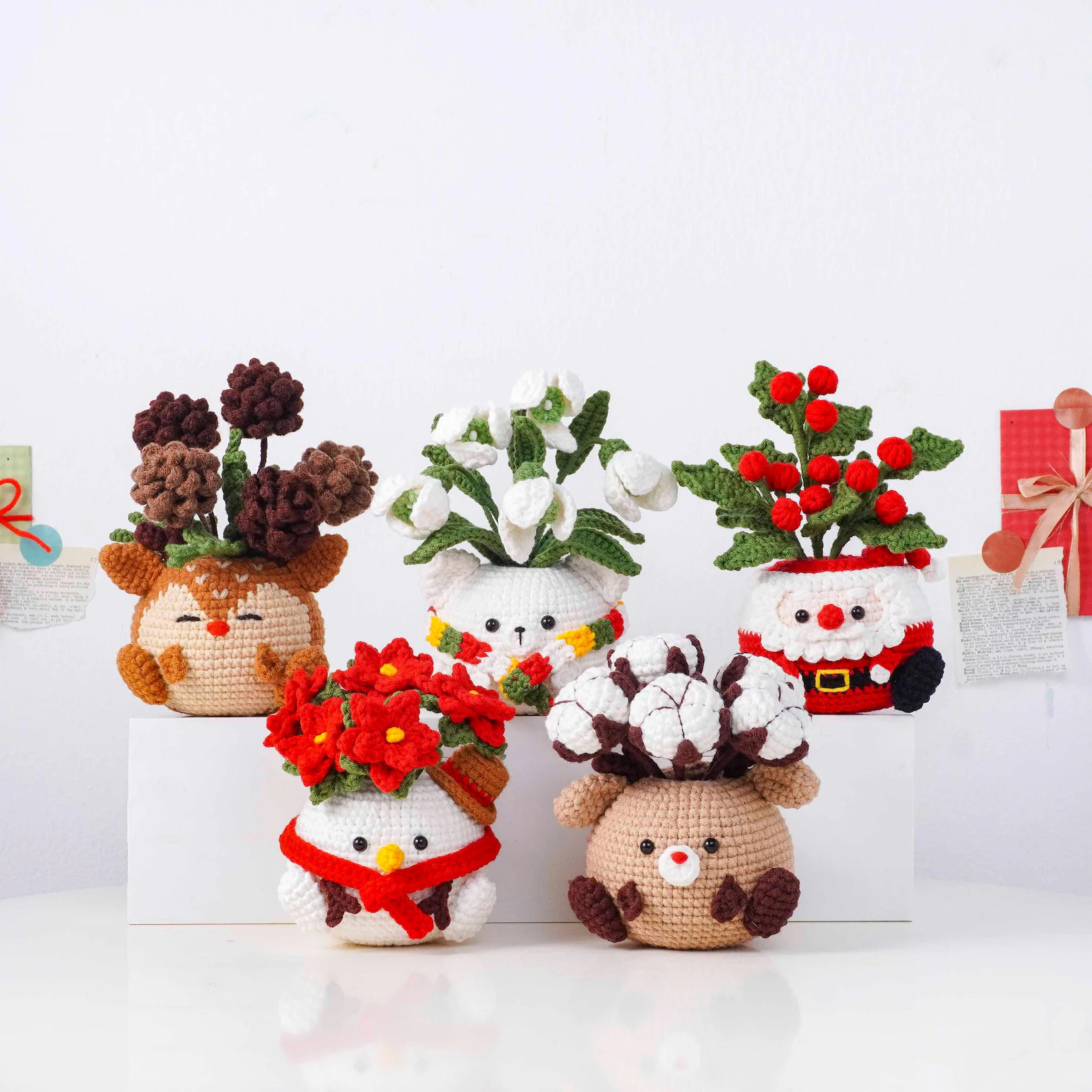 Christmas Bloom Buddies Crochet Patterns Bundle, Poinsettia Snowman Pot Pattern, Holly Santa Pot Pattern, Snowdrop Bear Pot Pattern