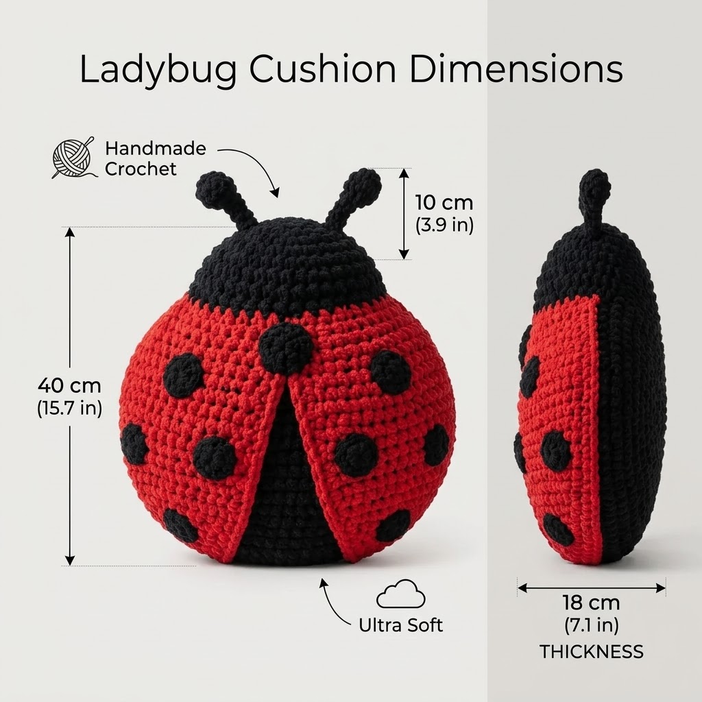 Handmade Crochet Plush Ladybug Pillow, Red and Black Ladybug Stuffed Animal, Cute Handmade Plush Toy, Decorative Cushion and Gift for friends