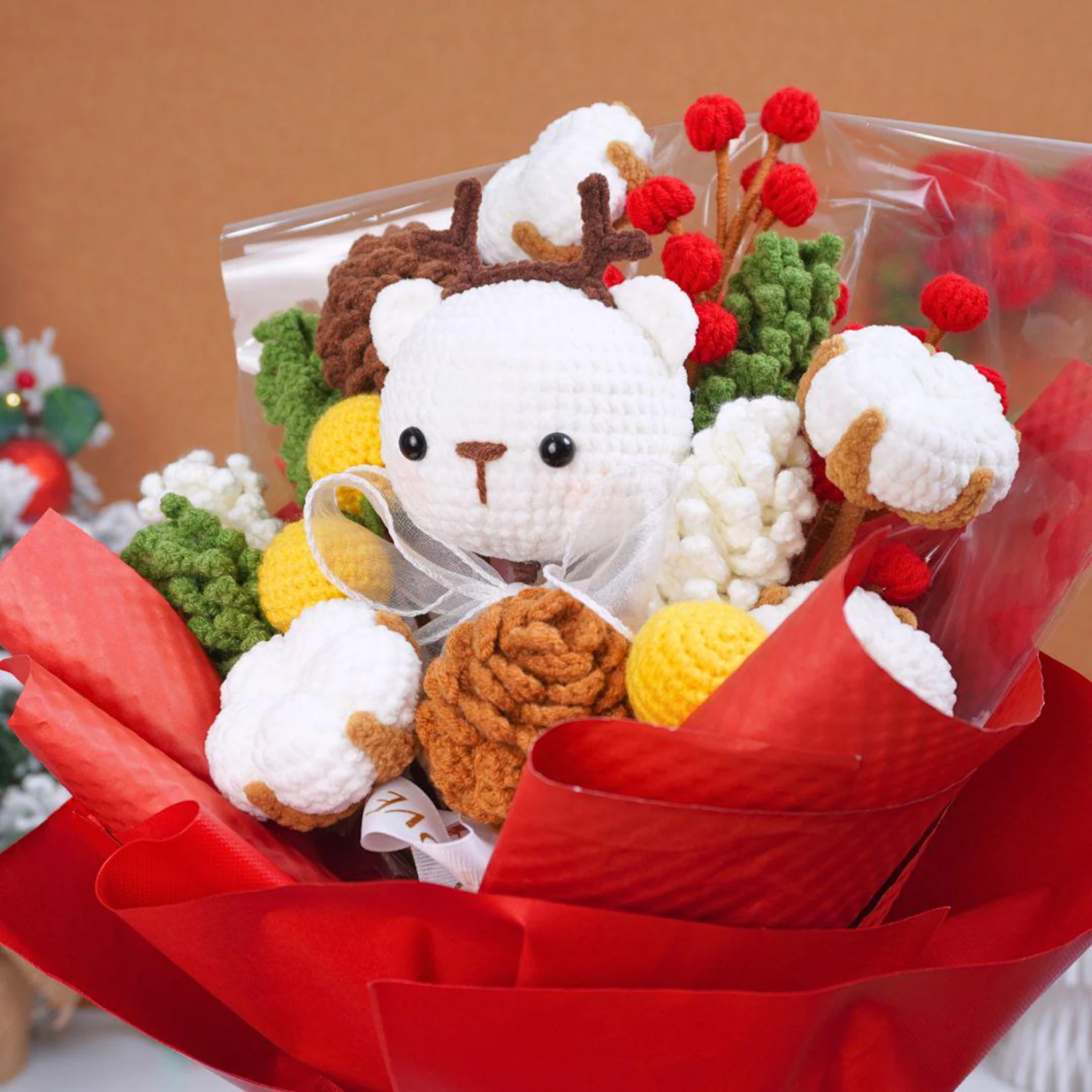 Crochet Flowers Bouquet White Bear Pine Cones Cute Christmas Gift Decor