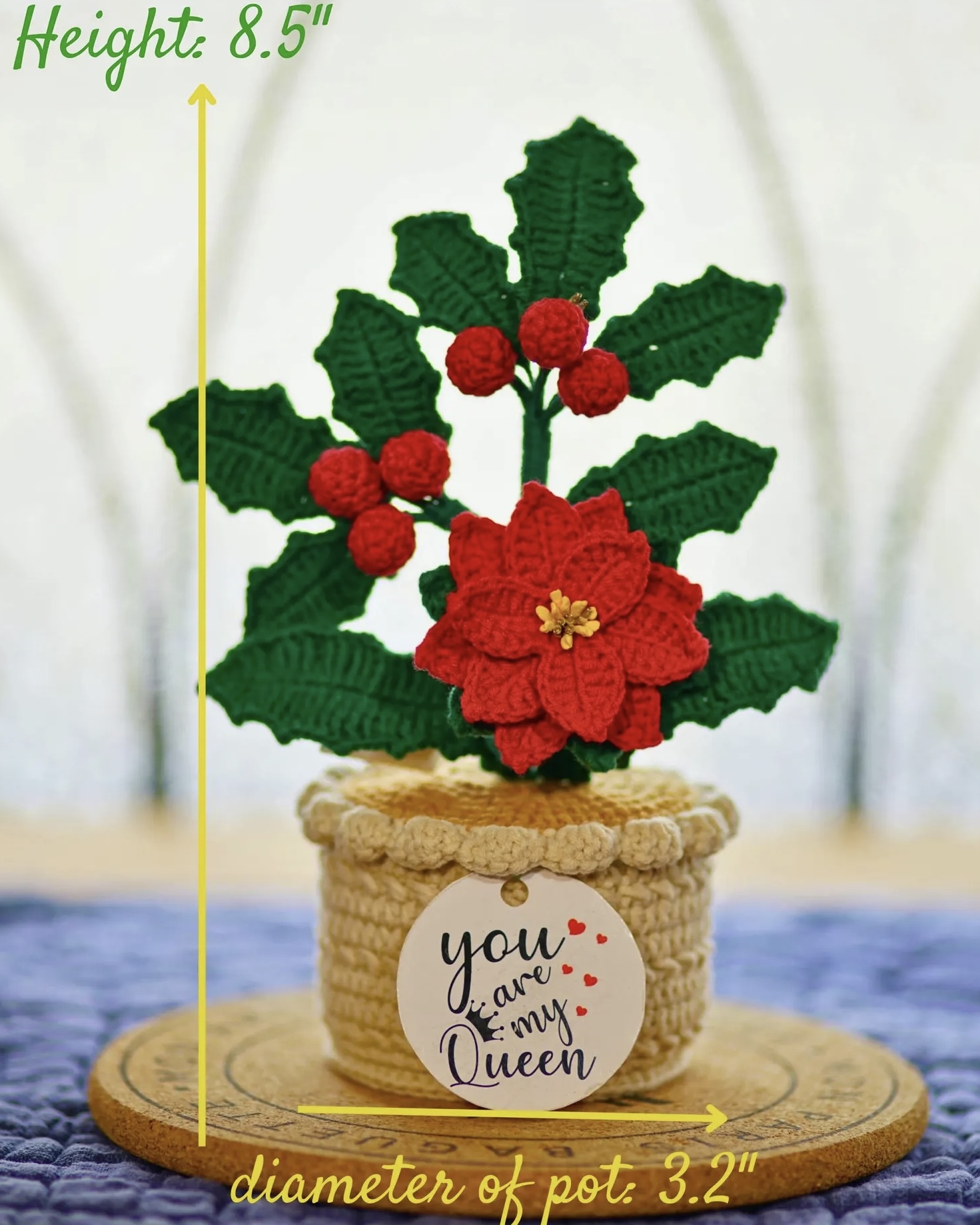 8.5 Inch Thanksgiving Xmas gift Crochet Holly Handmade Flower Personalized Gift (No Lights)