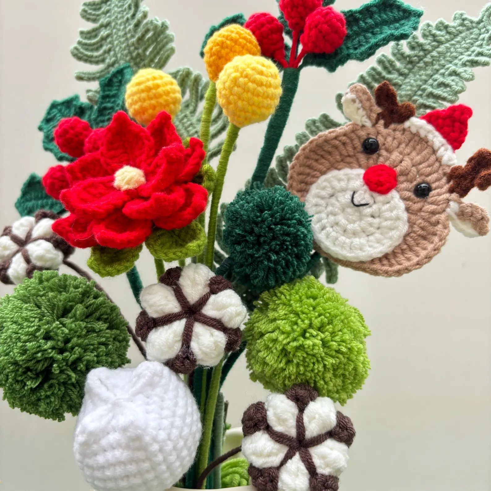 Handmade Christmas Reindeer Crochet Flower Bouquet Holiday Decor 