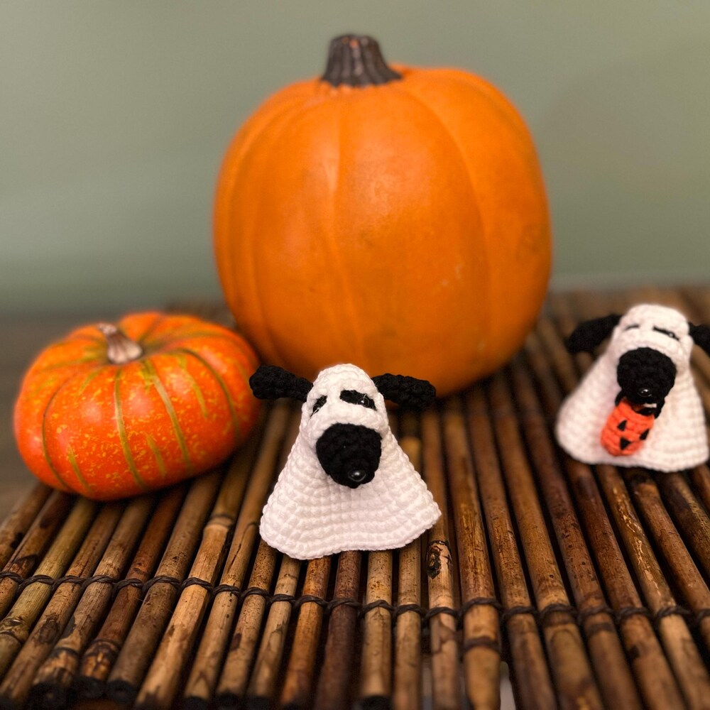 Handmade Crochet Ghost Dog with Pumpkin Basket, Cute Halloween Decor Ornament, Mini Gift for Dog Lovers