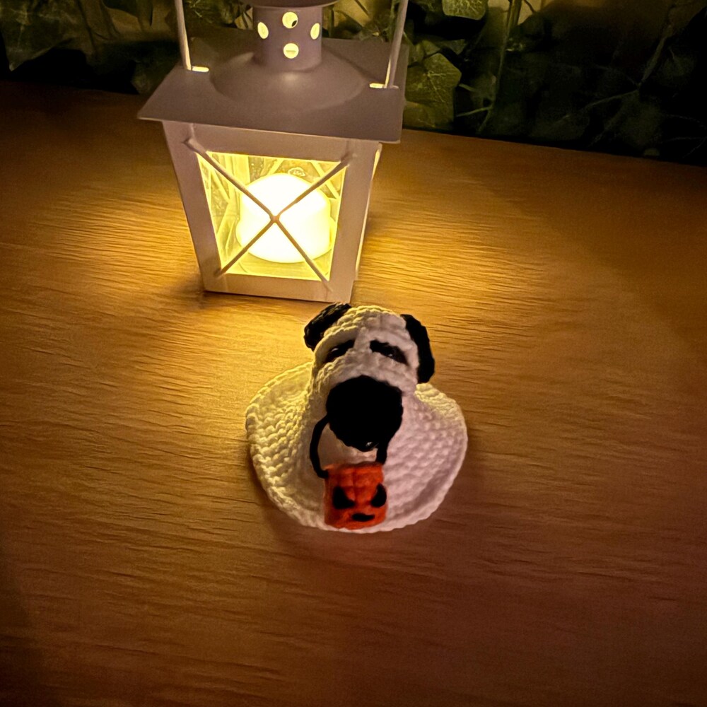 Handmade Crochet Ghost Dog with Pumpkin Basket, Cute Halloween Decor Ornament, Mini Gift for Dog Lovers