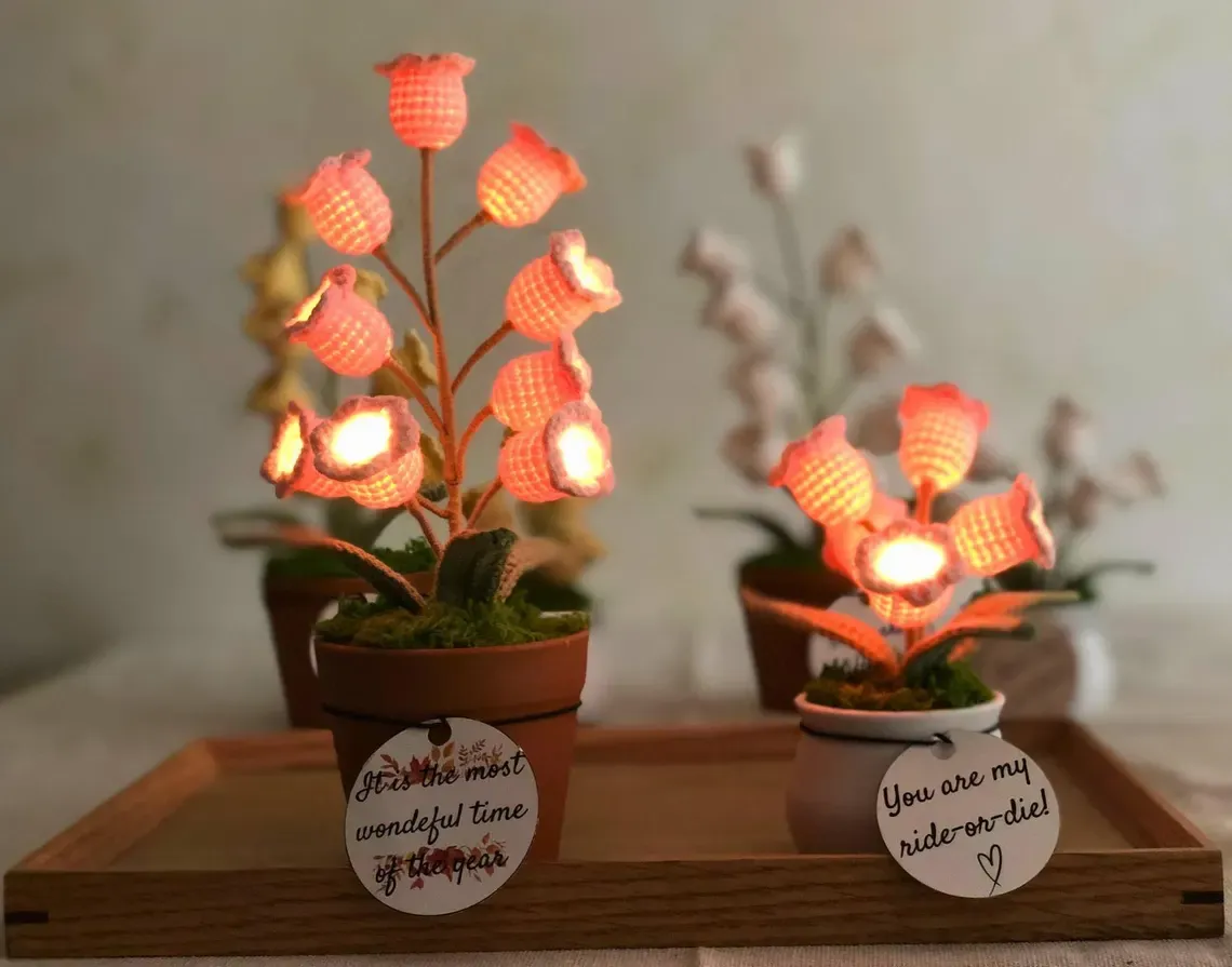 Handmade Crochet Flower Crochet Lily of the Valley Night Light Handmade Knitted Flower Lamp Thanksgiving Gift