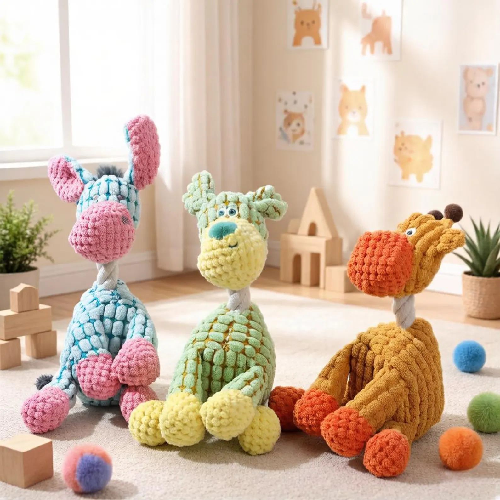 Dog Toy for Aggressive Chewers, Durable Plush Squeaky Interactive Puppy Chew Toy, 6 Colors Cute Animal Pet Toy, Dog Gift for Dog Lovers