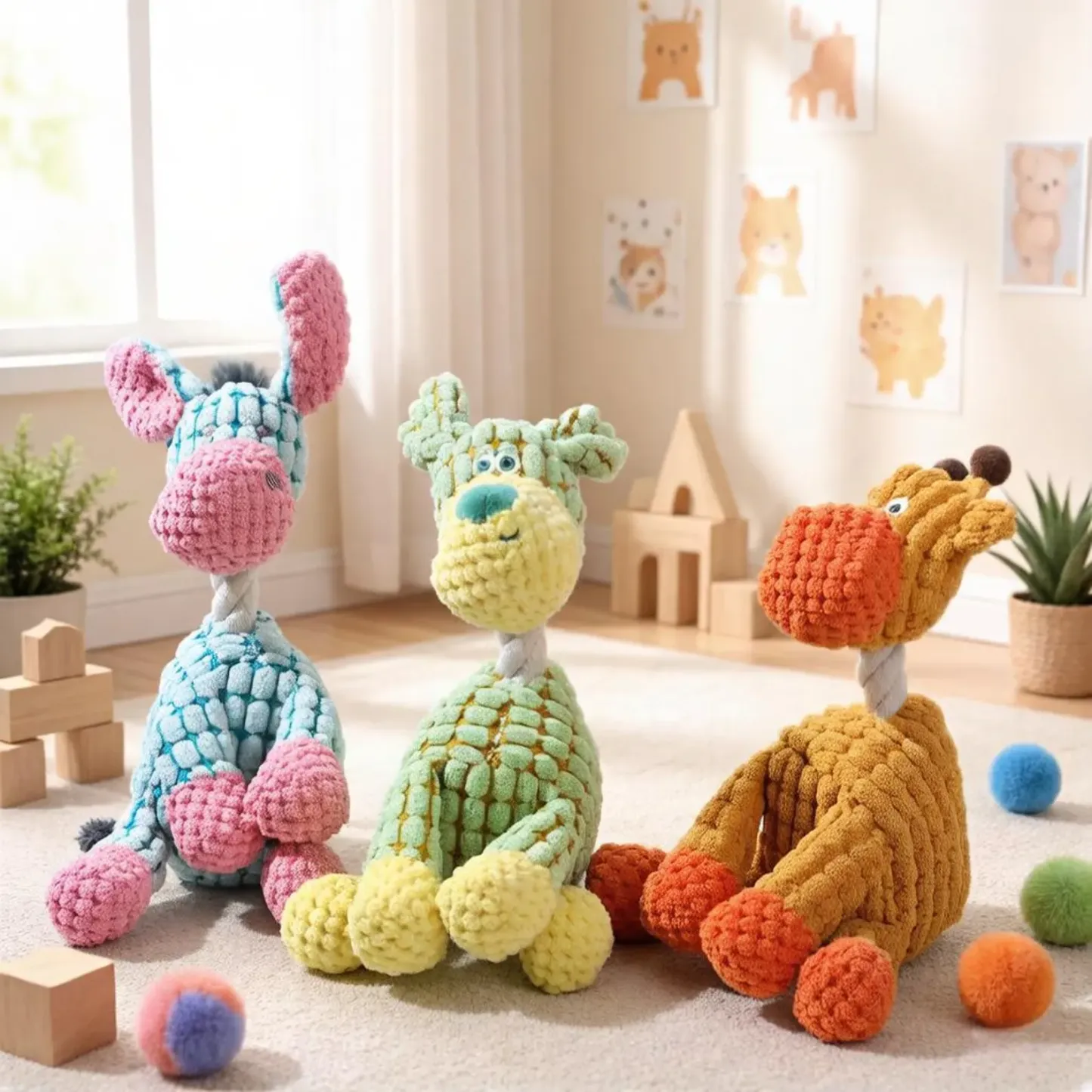 Dog Toy for Aggressive Chewers, Durable Plush Squeaky Interactive Puppy Chew Toy, 6 Colors Cute Animal Pet Toy, Dog Gift for Dog Lovers