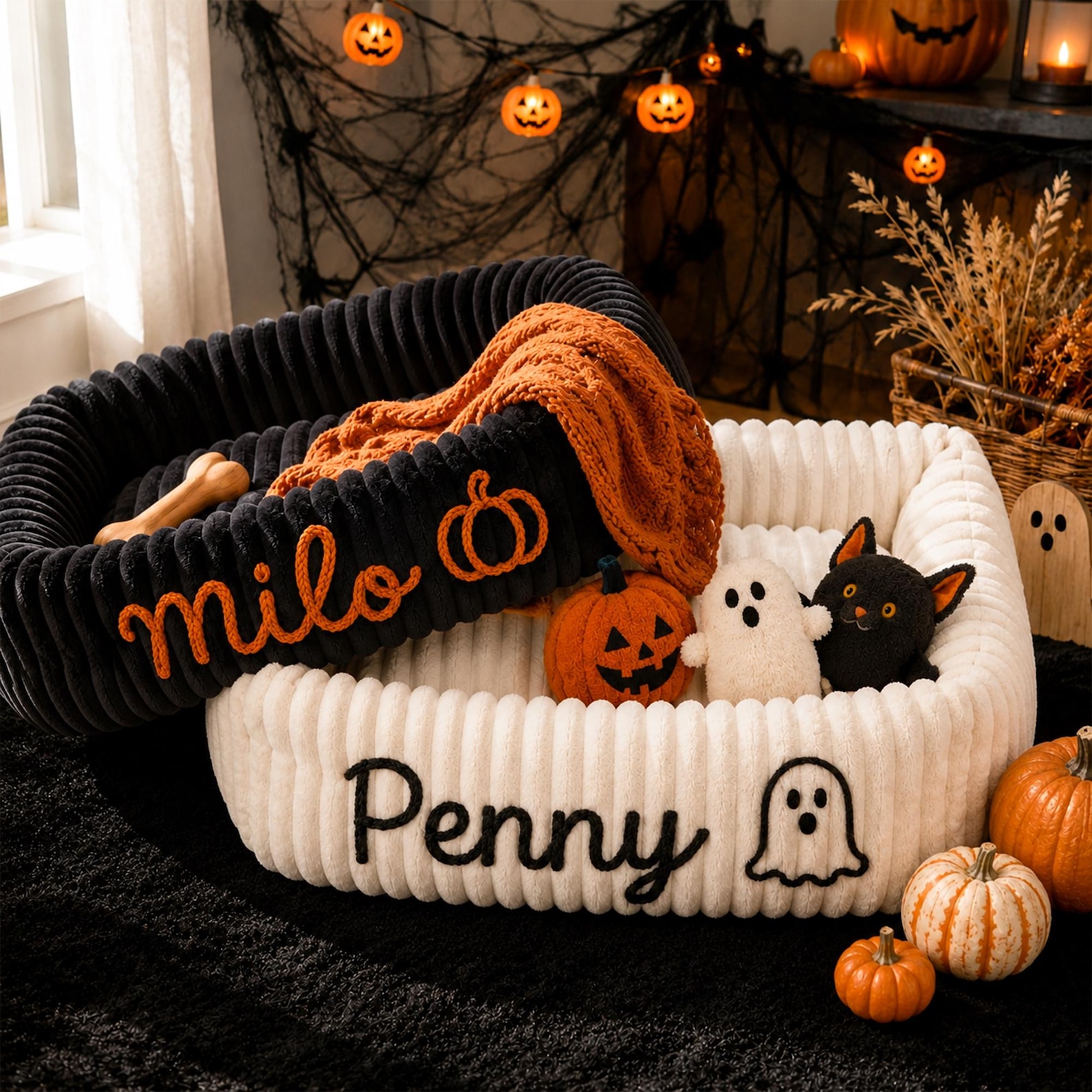 Personalized Halloween Dog Bed, Custom Chenille Pet Bed with Embroidered Name, Cozy Calming Dog Bed for Small Dogs and Cats
