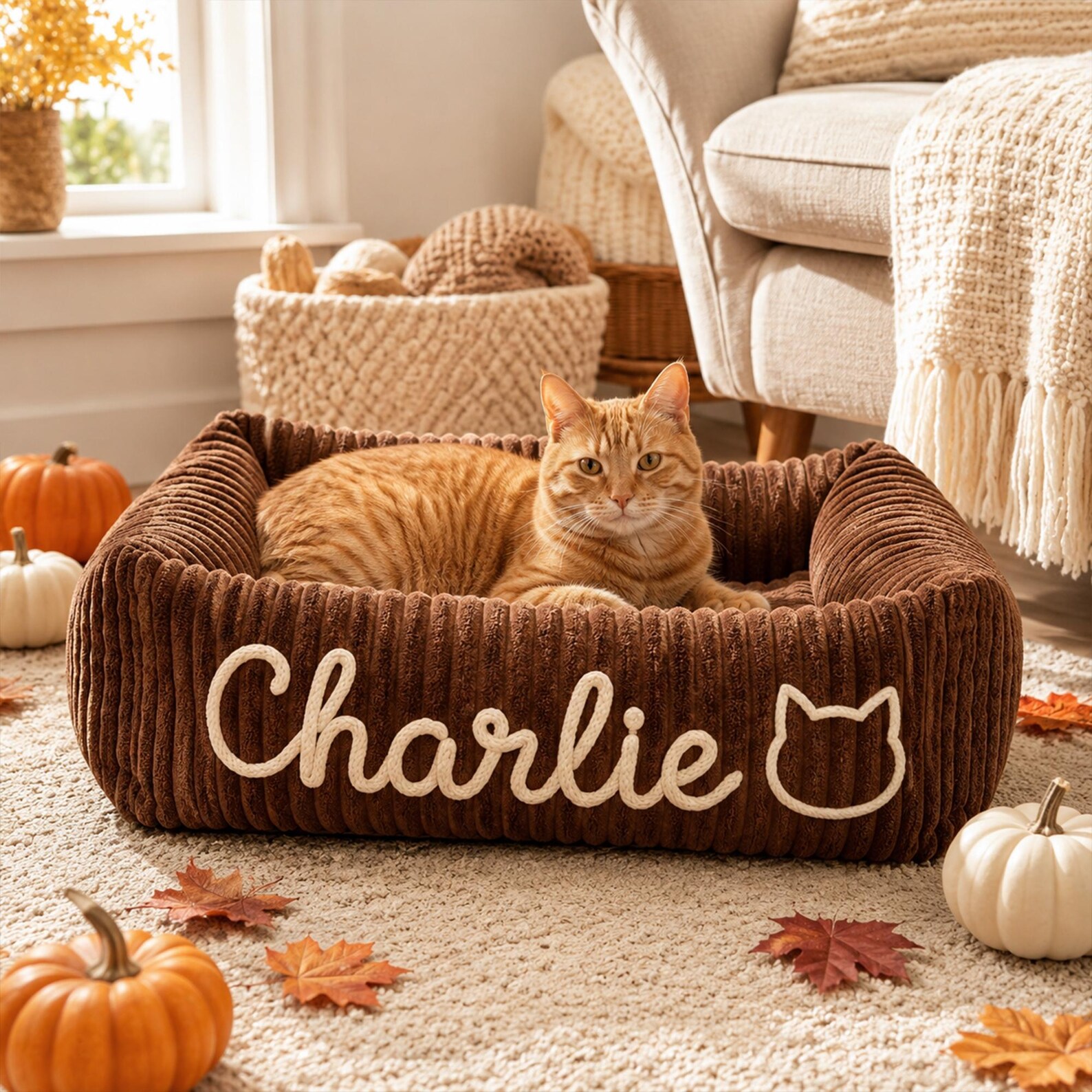 Personalized Halloween Dog Bed, Custom Chenille Pet Bed with Embroidered Name, Cozy Calming Dog Bed for Small Dogs and Cats