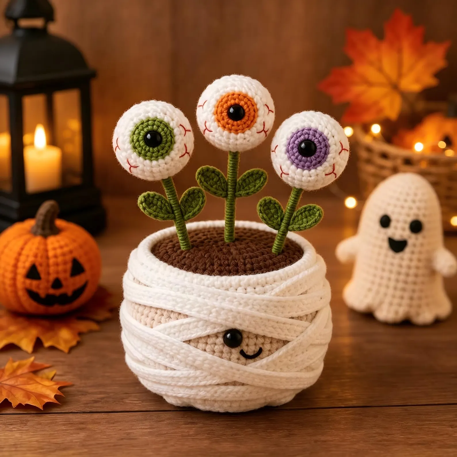 Handmade Crochet Plushies Halloween Bat & Mummy Flower Pot Set