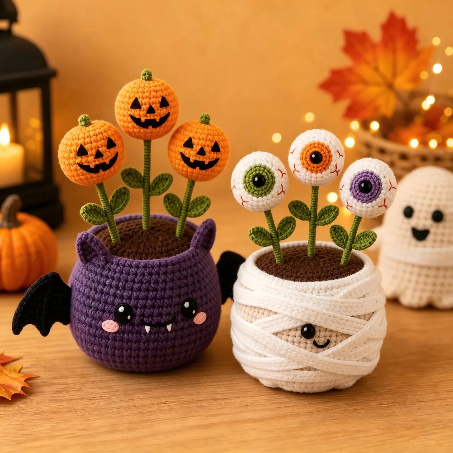 Handmade Crochet Plushies Halloween Bat & Mummy Flower Pot Set