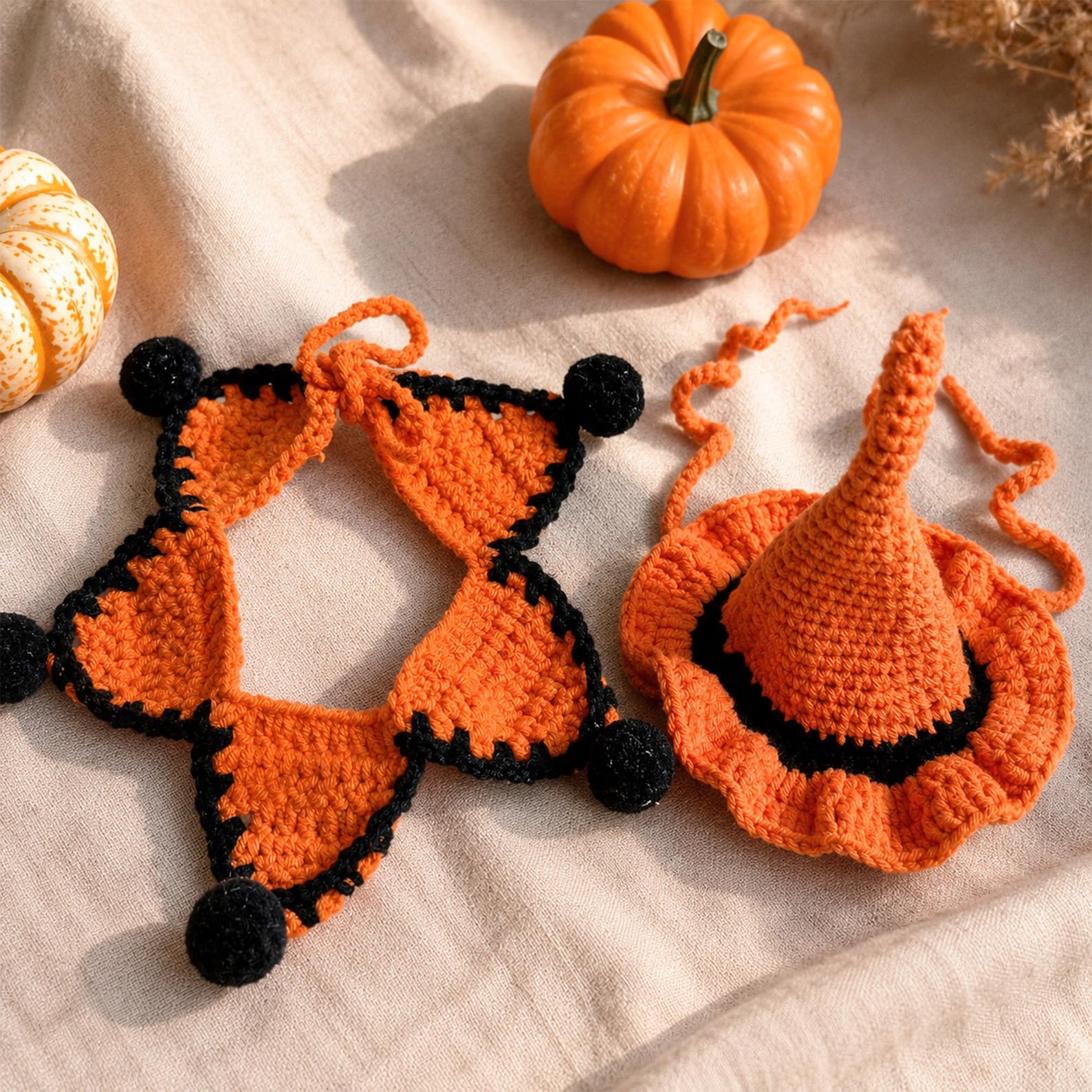 Crochet Halloween Pet Costume Hat and Collar Set, Handmade Witch Hat and Star Cape for Cats and Small Dogs, Cute Halloween Cat Costume, Gift for Dog Lovers & Pet Lovers