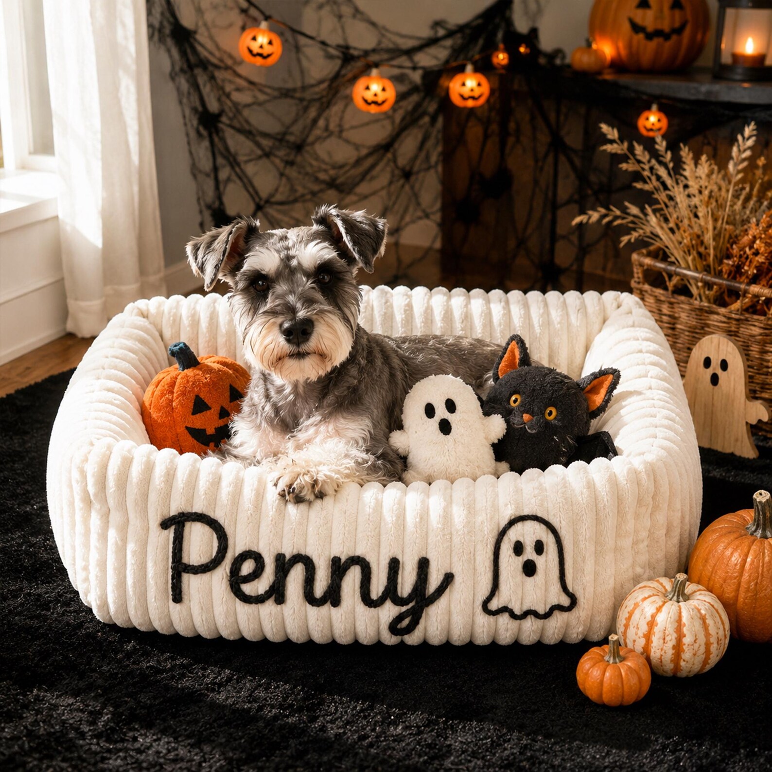 Personalized Halloween Dog Bed, Custom Chenille Pet Bed with Embroidered Name, Cozy Calming Dog Bed for Small Dogs and Cats