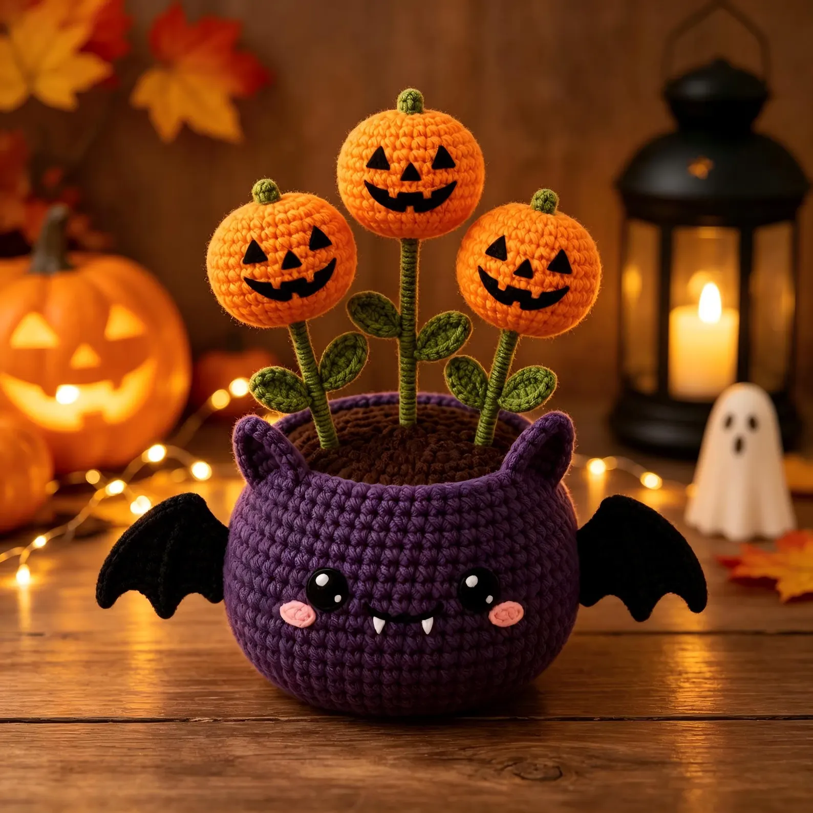 Handmade Crochet Plushies Halloween Bat & Mummy Flower Pot Set