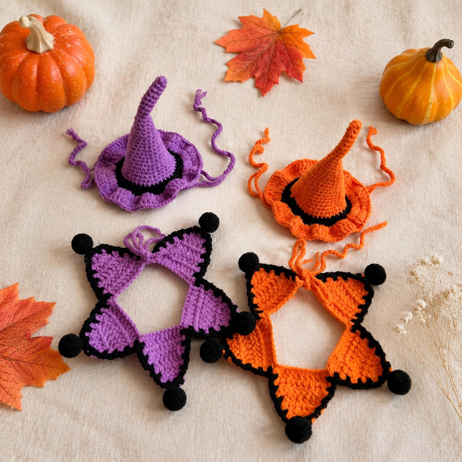Crochet Halloween Pet Costume Hat and Collar Set, Handmade Witch Hat and Star Cape for Cats and Small Dogs, Cute Halloween Cat Costume, Gift for Dog Lovers & Pet Lovers