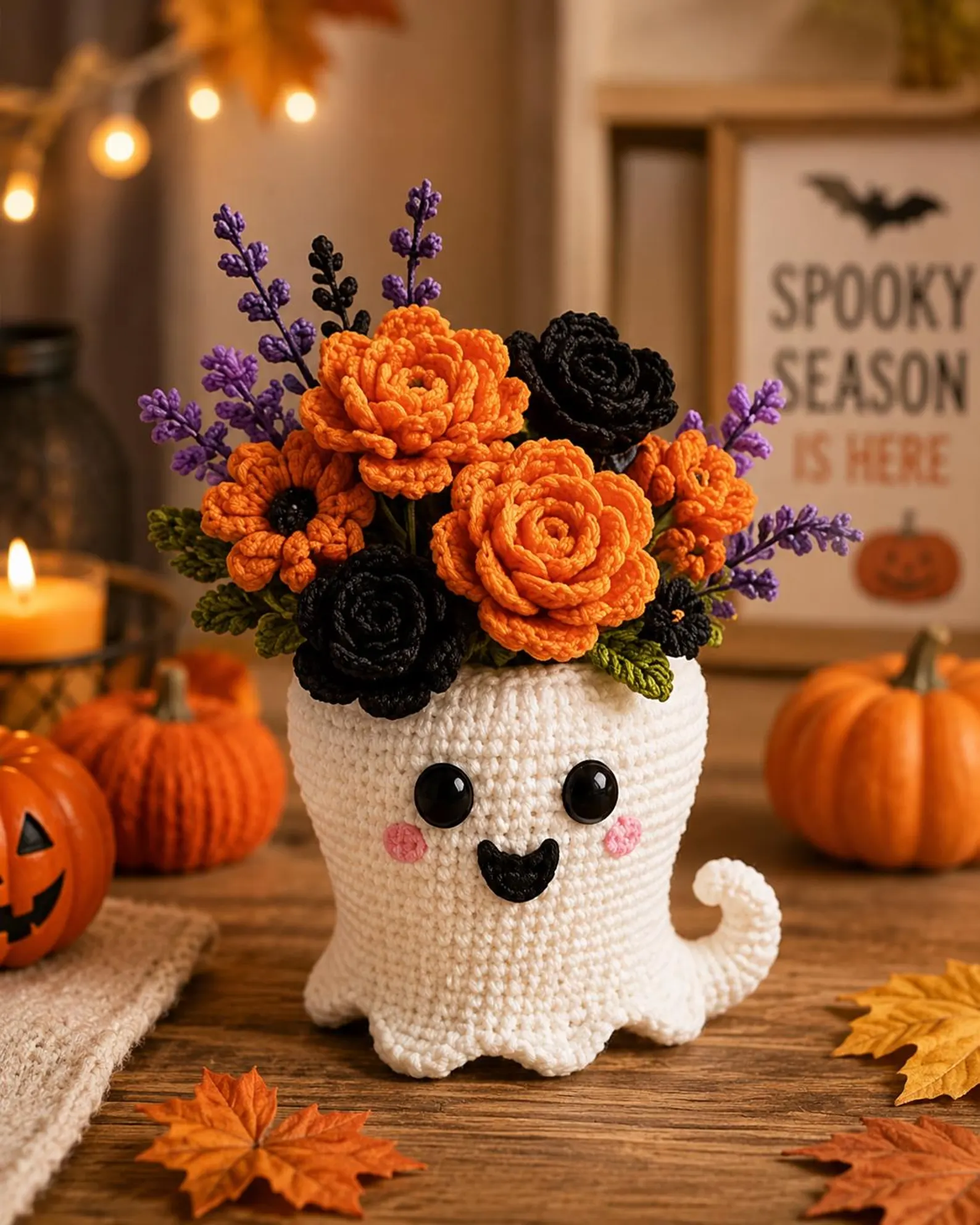 Handmade crochet plushies Halloween ghost flower pot arrangement, spooky table decor, cute ghost