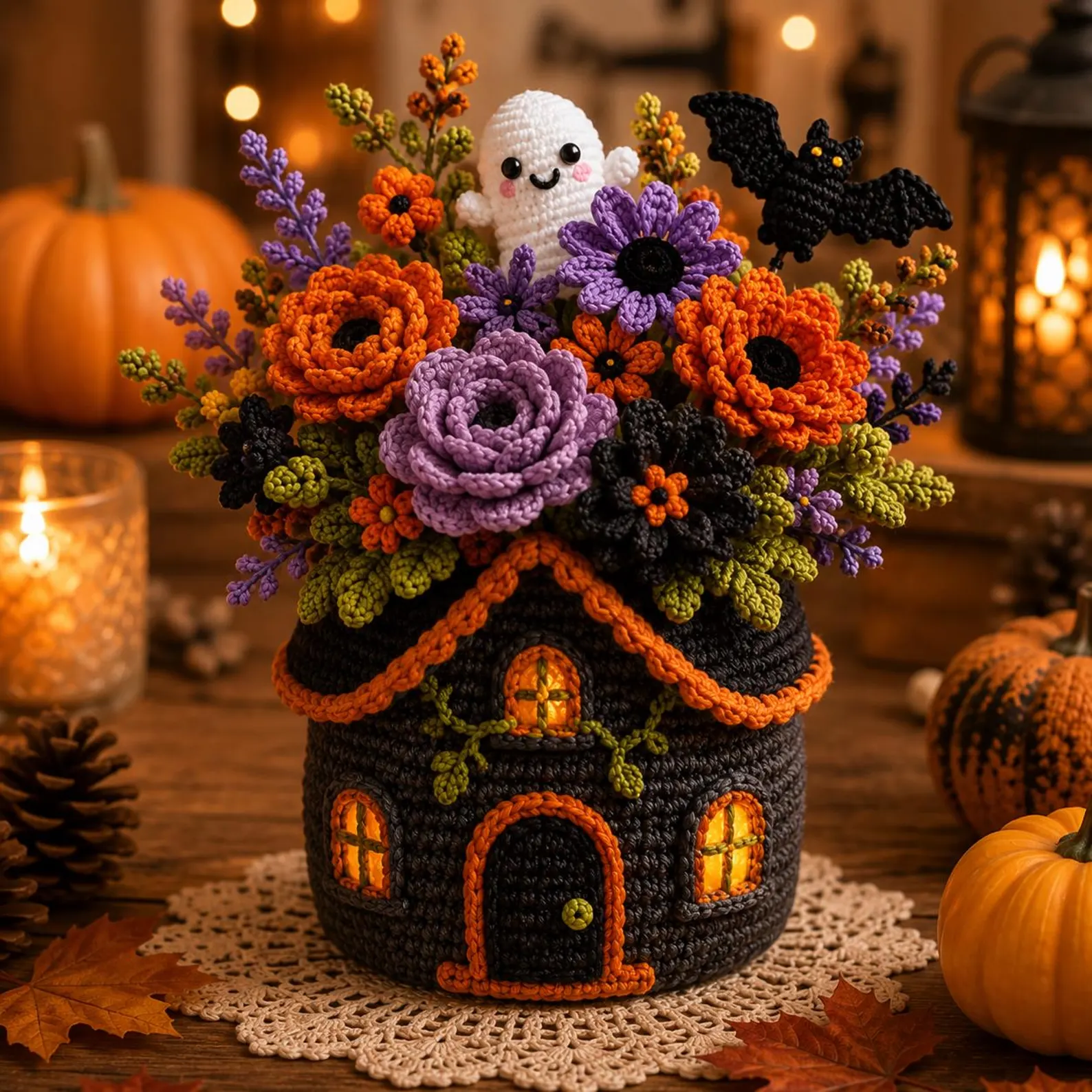 Handmade crochet plushies Halloween ghost flower pot arrangement, spooky table decor, cute ghost