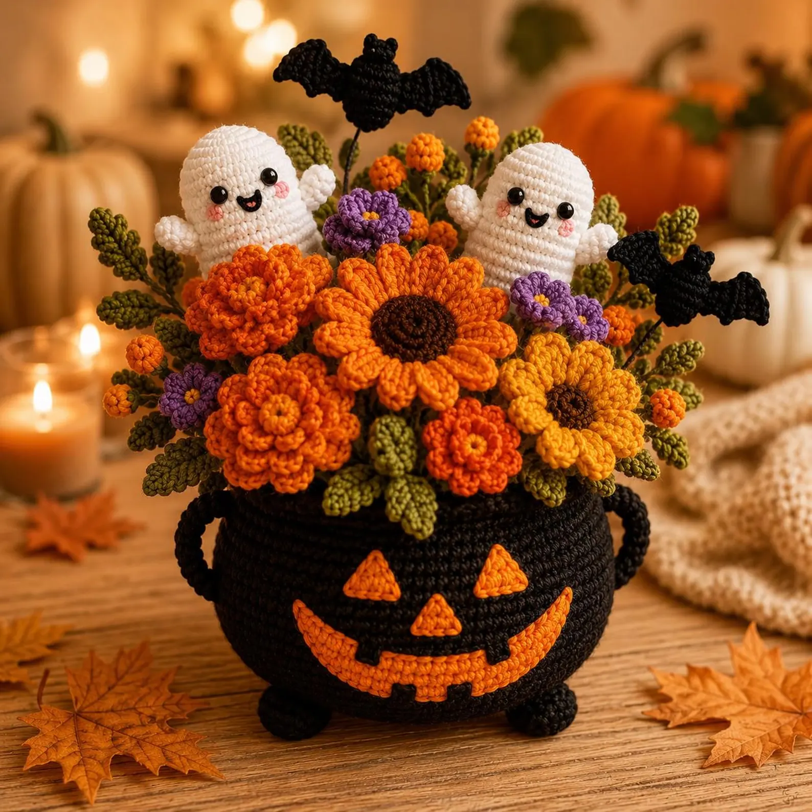 Handmade crochet plushies Halloween ghost flower pot arrangement, spooky table decor, cute ghost
