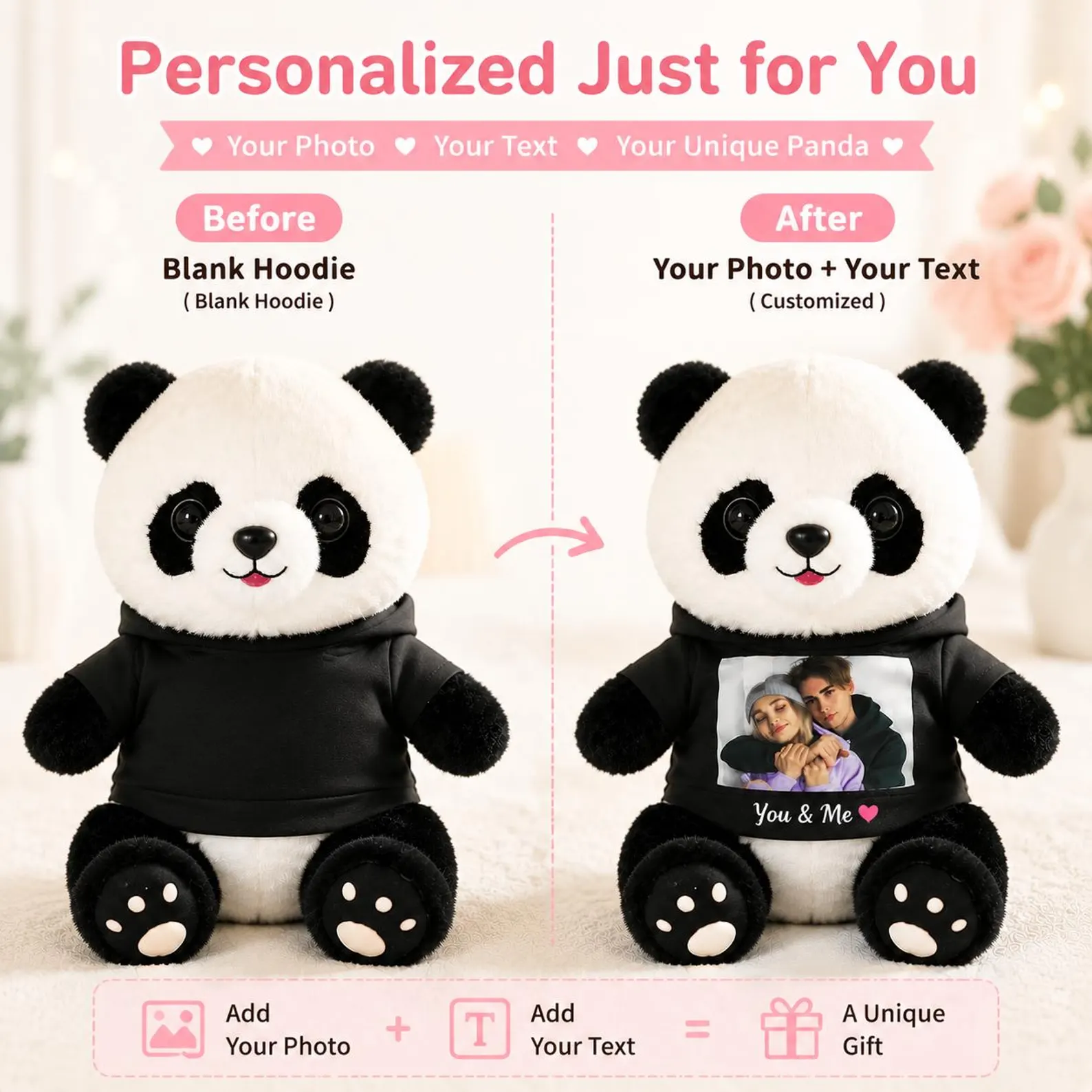 Custom Photo Panda Plush Bear, Customized Soft Stuffed Animals with Picture and Text, Unique Personalized Gifts for Kids Adults Couple Friends