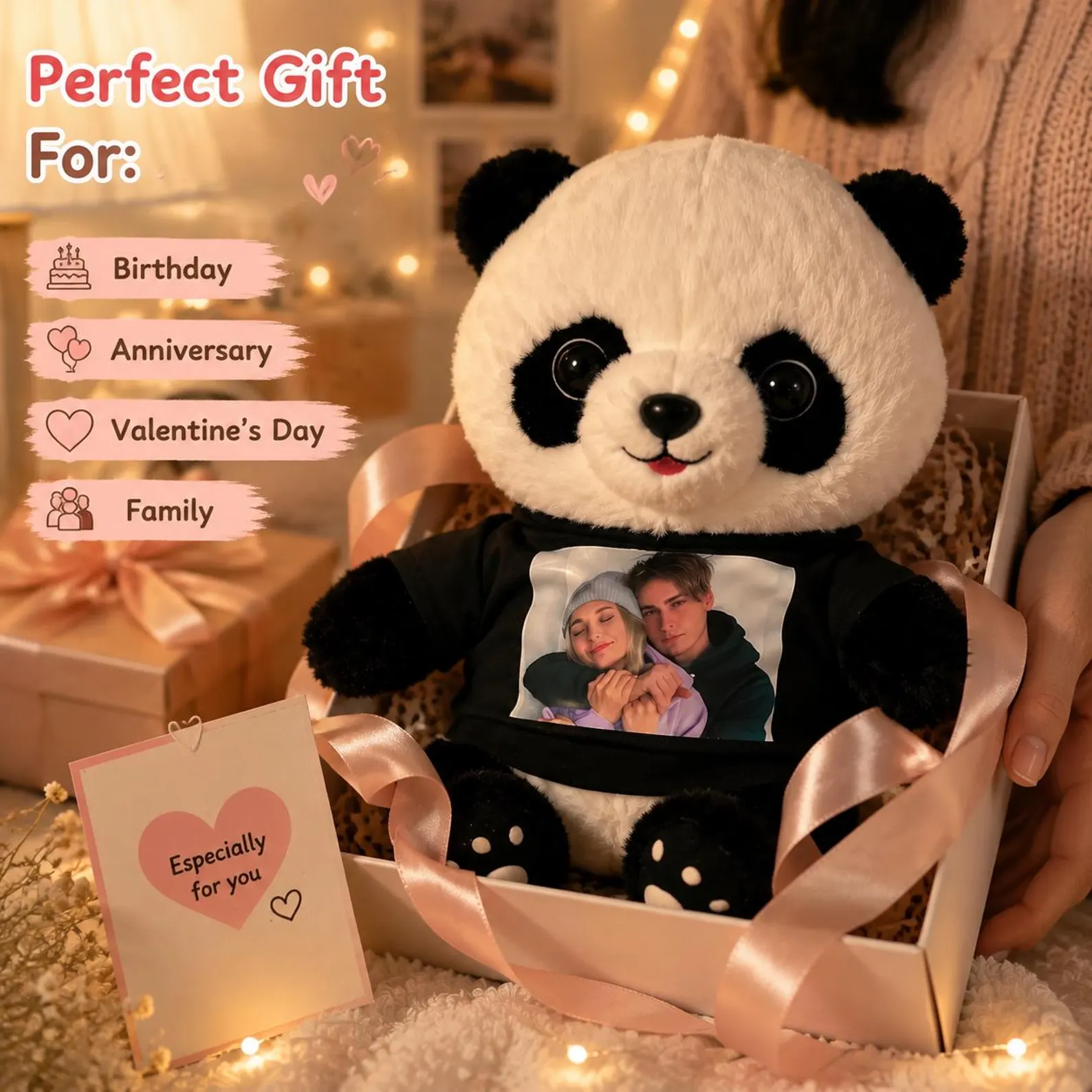 Custom Photo Panda Plush Bear, Customized Soft Stuffed Animals with Picture and Text, Unique Personalized Gifts for Kids Adults Couple Friends