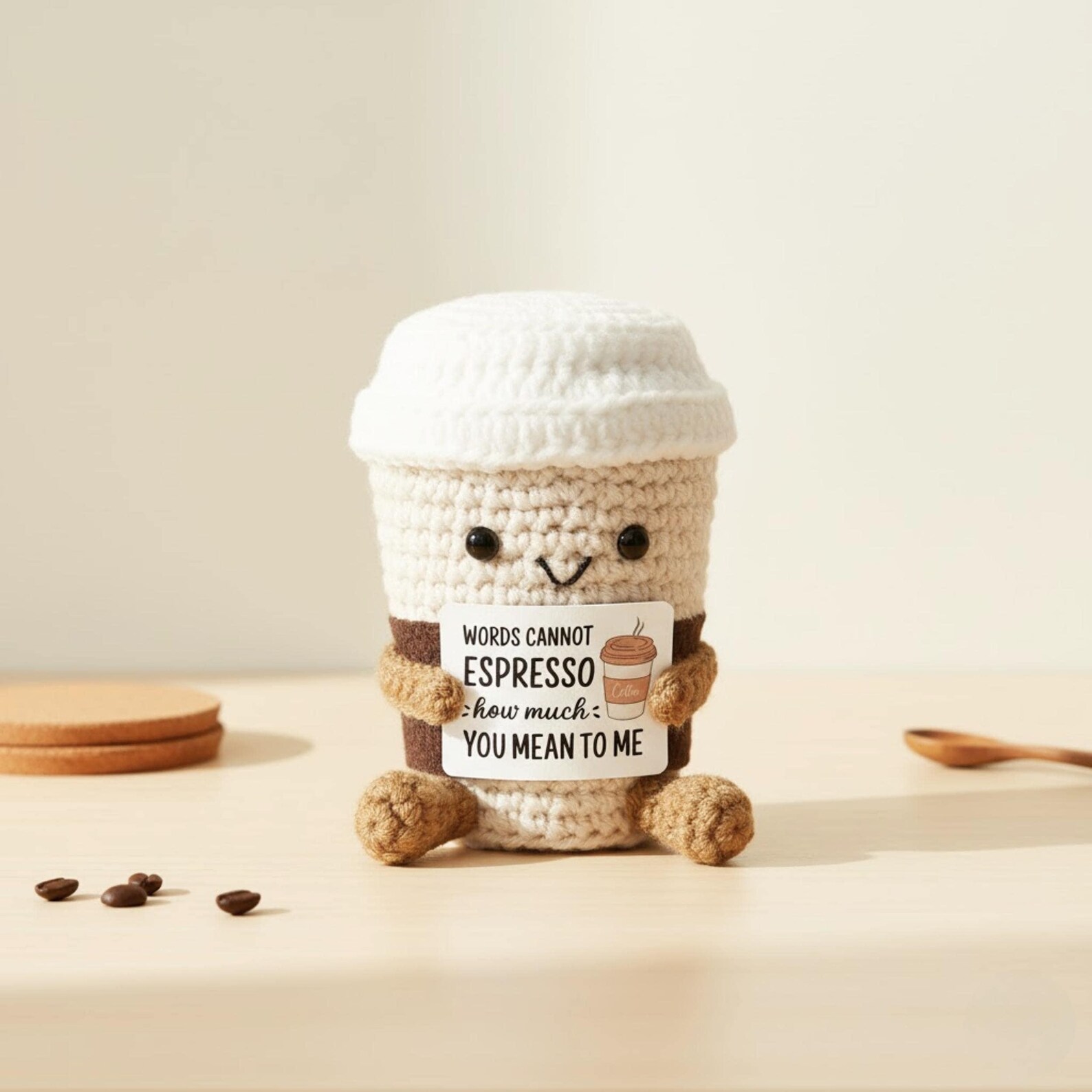 Crochet Coffee Cup Plush, Handmade Coffee Cup Stuffed Doll, Mini Desk Doll for Workspace Decor