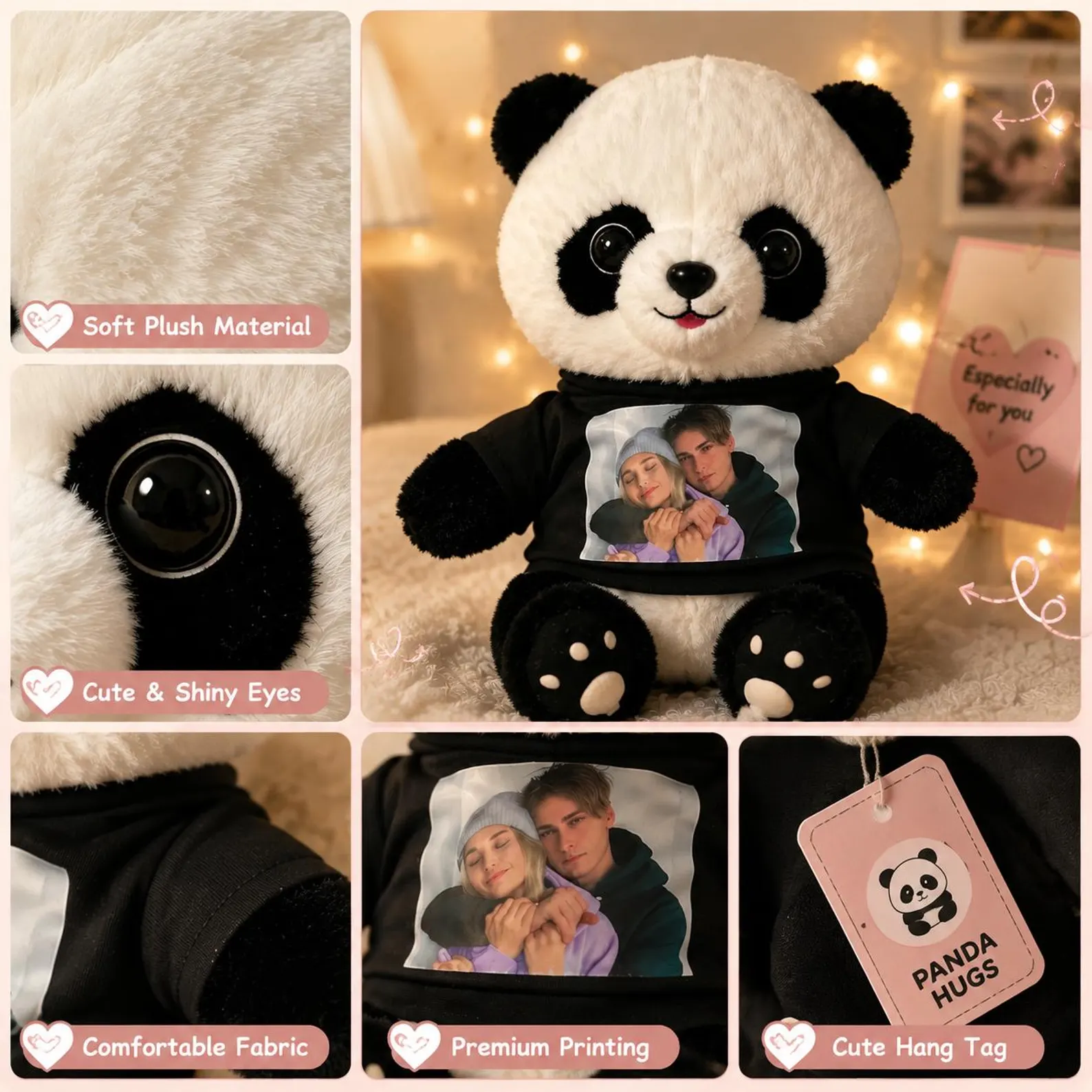 Custom Photo Panda Plush Bear, Customized Soft Stuffed Animals with Picture and Text, Unique Personalized Gifts for Kids Adults Couple Friends