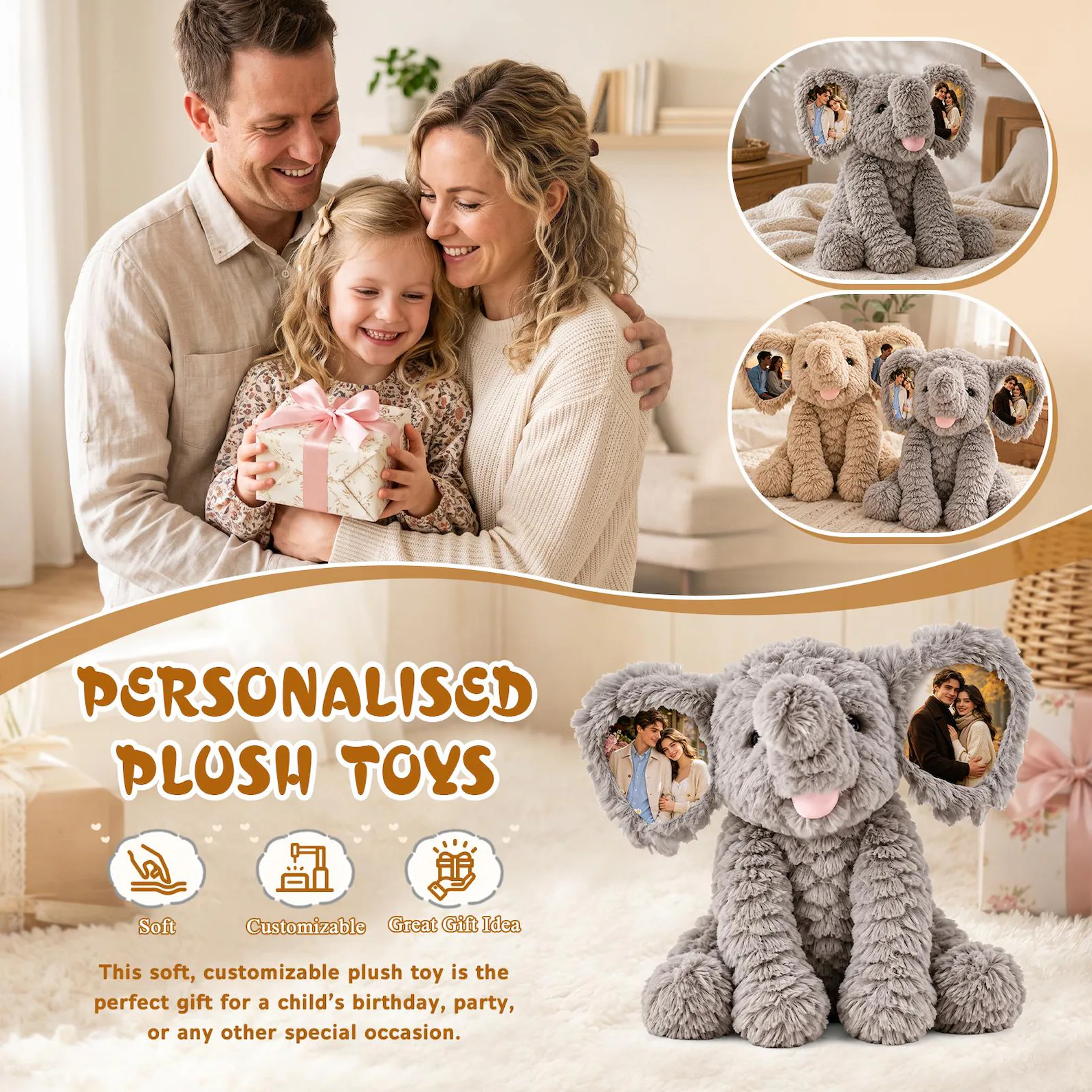 Personalized dolls stuffed animal elephant, photo ears plush toy, free custom name sweater, Grey and Khaki