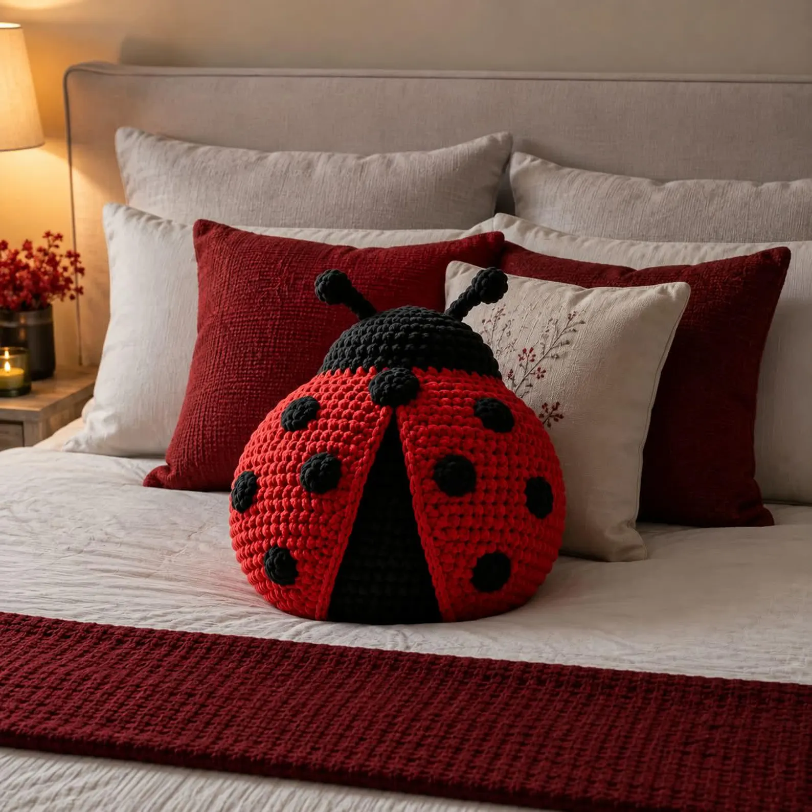 Handmade Crochet Plush Ladybug Pillow, Red and Black Ladybug Stuffed Animal, Cute Handmade Plush Toy, Decorative Cushion and Gift for friends