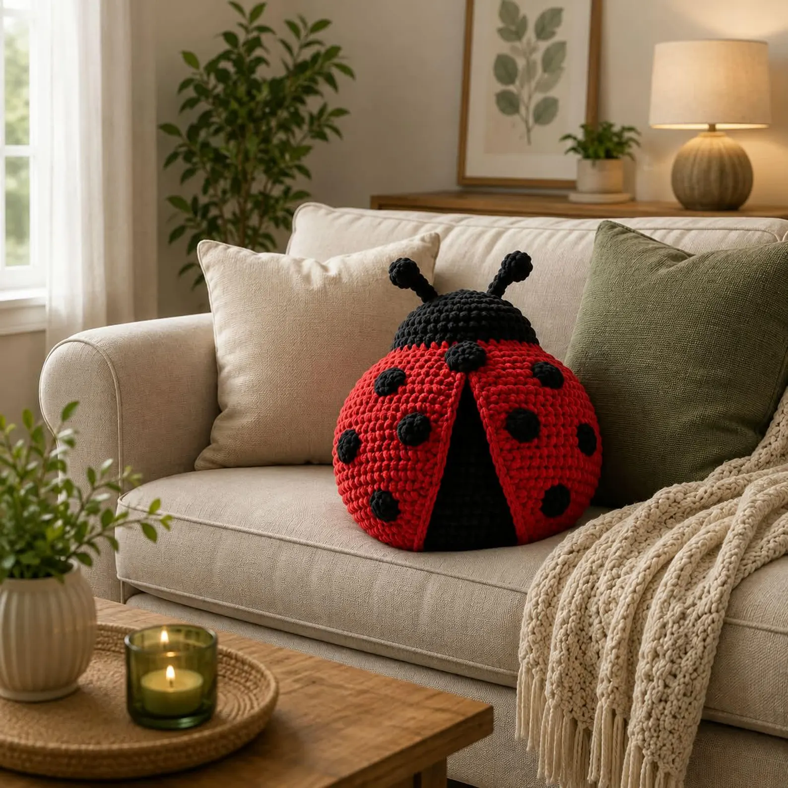 Handmade Crochet Plush Ladybug Pillow, Red and Black Ladybug Stuffed Animal, Cute Handmade Plush Toy, Decorative Cushion and Gift for friends