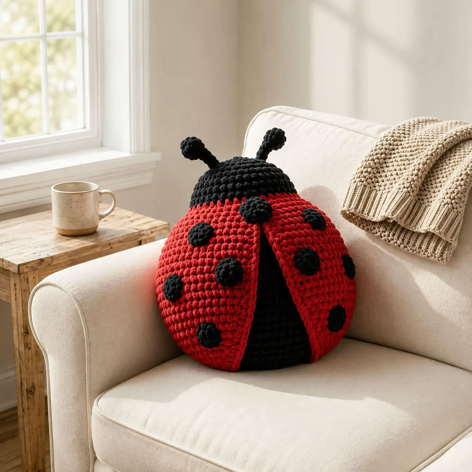 Handmade Crochet Plush Ladybug Pillow, Red and Black Ladybug Stuffed Animal, Cute Handmade Plush Toy, Decorative Cushion and Gift for friends