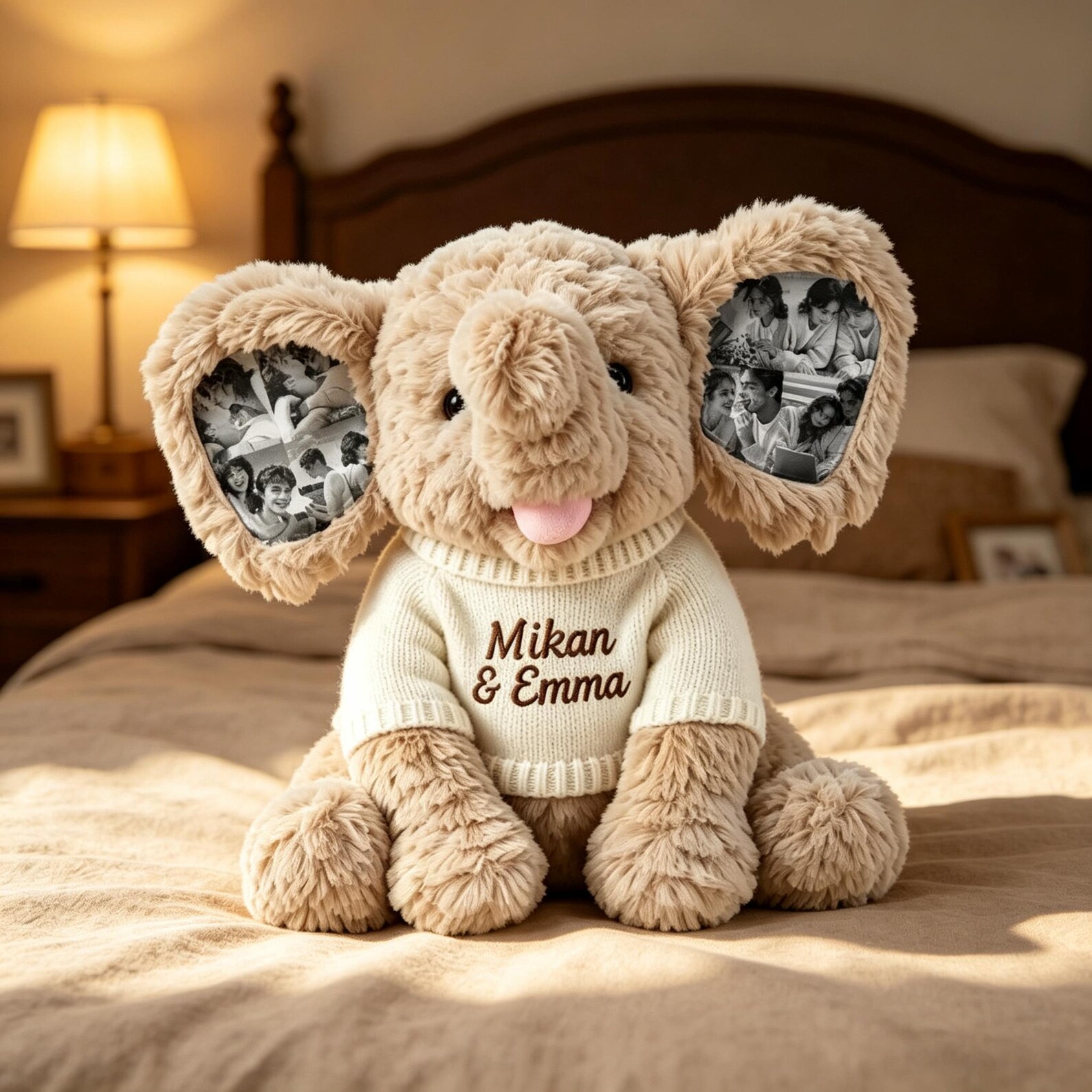 Personalized dolls stuffed animal elephant, photo ears plush toy, free custom name sweater, Grey and Khaki