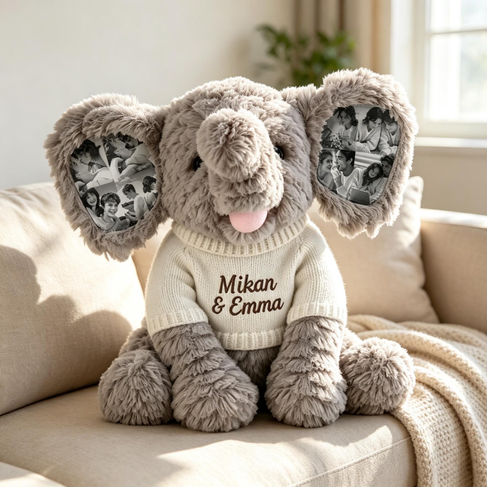 Personalized dolls stuffed animal elephant, photo ears plush toy, free custom name sweater, Grey and Khaki