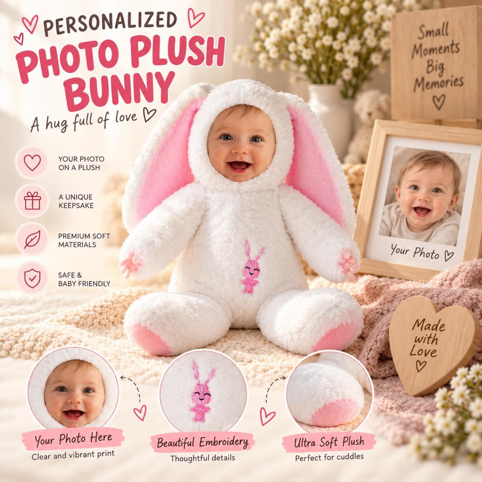 Personalized Dolls, Custom Photo Face Plush Bunny, Childhood Keepsake Doll, Custom Photo Gift