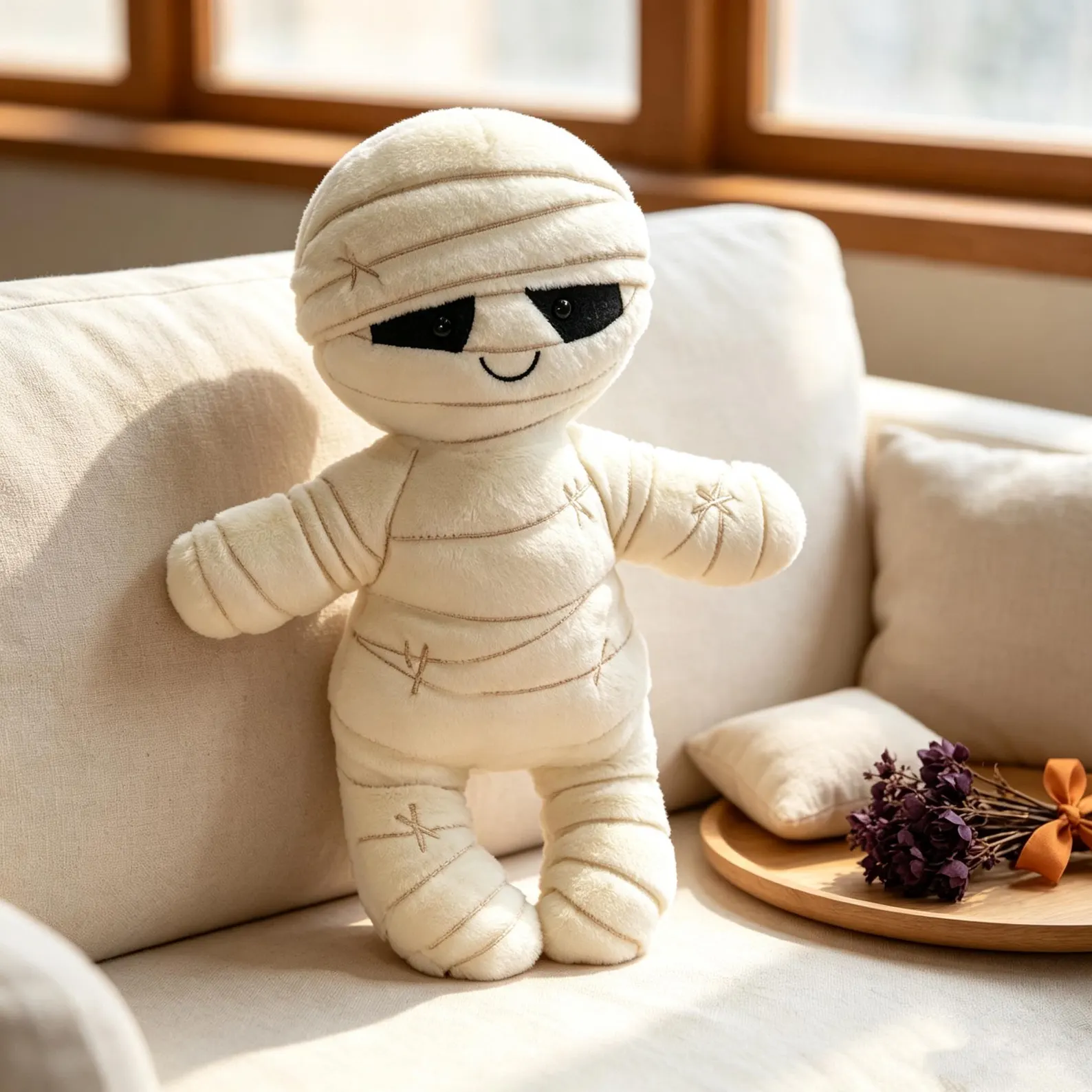 Handmade plush toys Halloween mummy and pumpkin, spooky stuffed animal decor gift, White and Orange