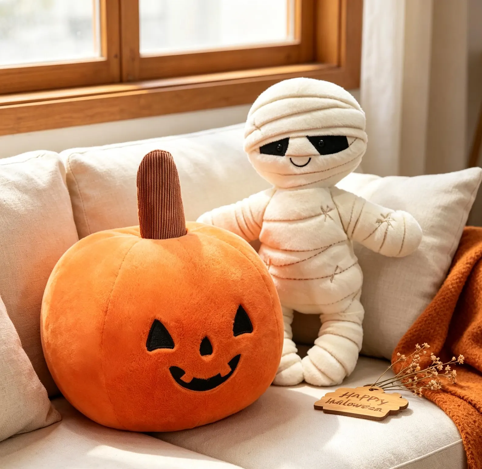 Handmade plush toys Halloween mummy and pumpkin, spooky stuffed animal decor gift, White and Orange