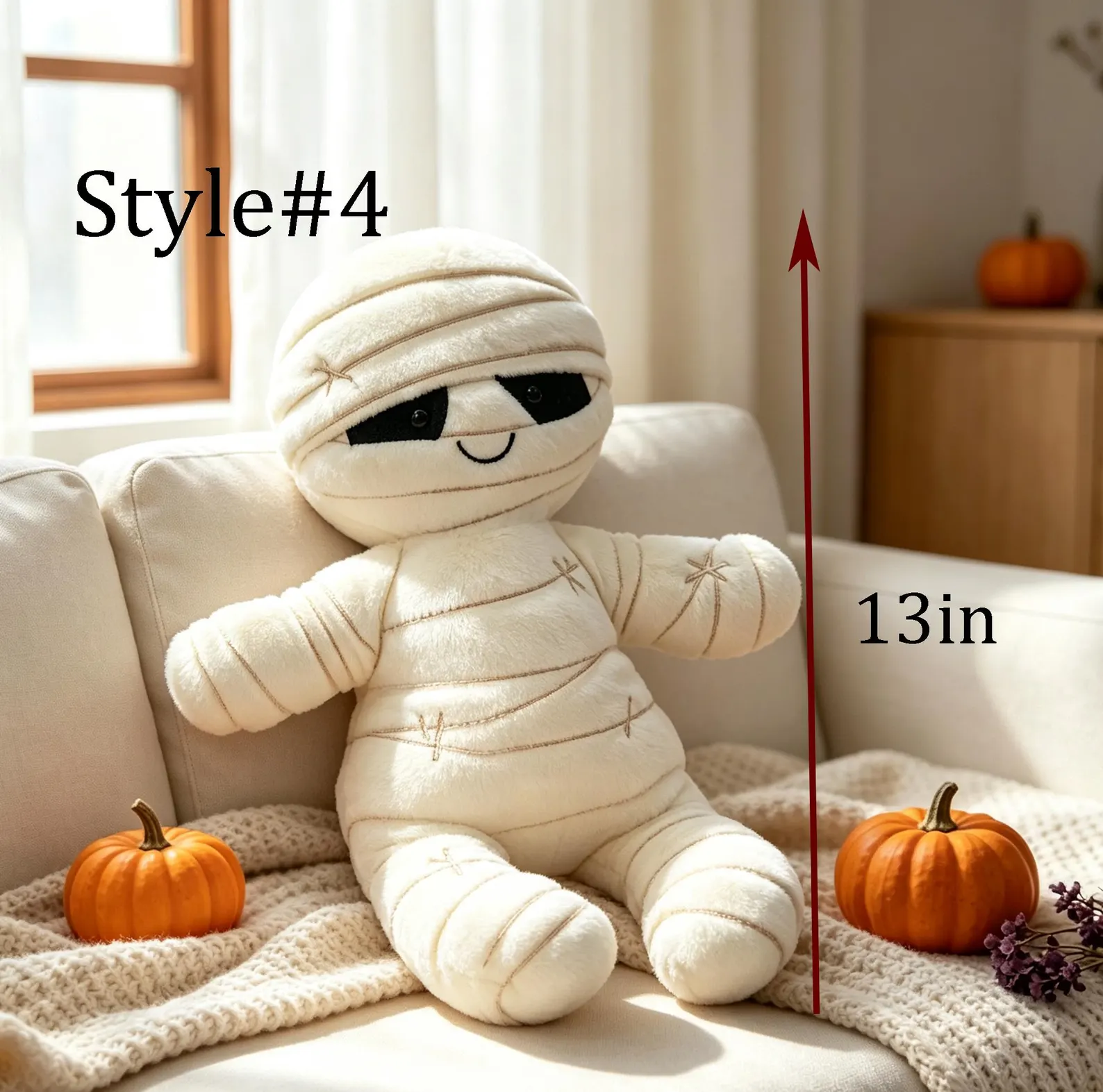 Handmade plush toys Halloween mummy and pumpkin, spooky stuffed animal decor gift, White and Orange