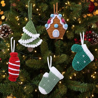 5 Pcs Handmade Crochet Christmas Tree Ornament Set Knitted Hanging Decor Stockings Candy Gloves Ornament