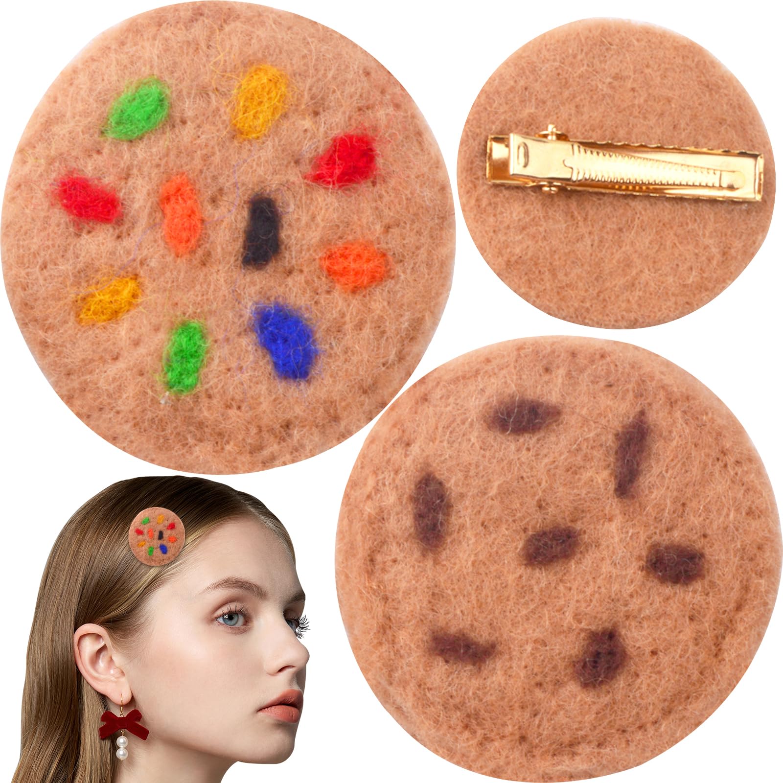Barista wearing chocolate chip felt hair clips on apron collar