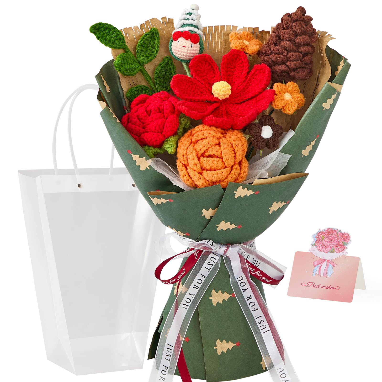 Handmade Crochet Flower Christmas Knitted Bouquet Green Completed Holiday Gift