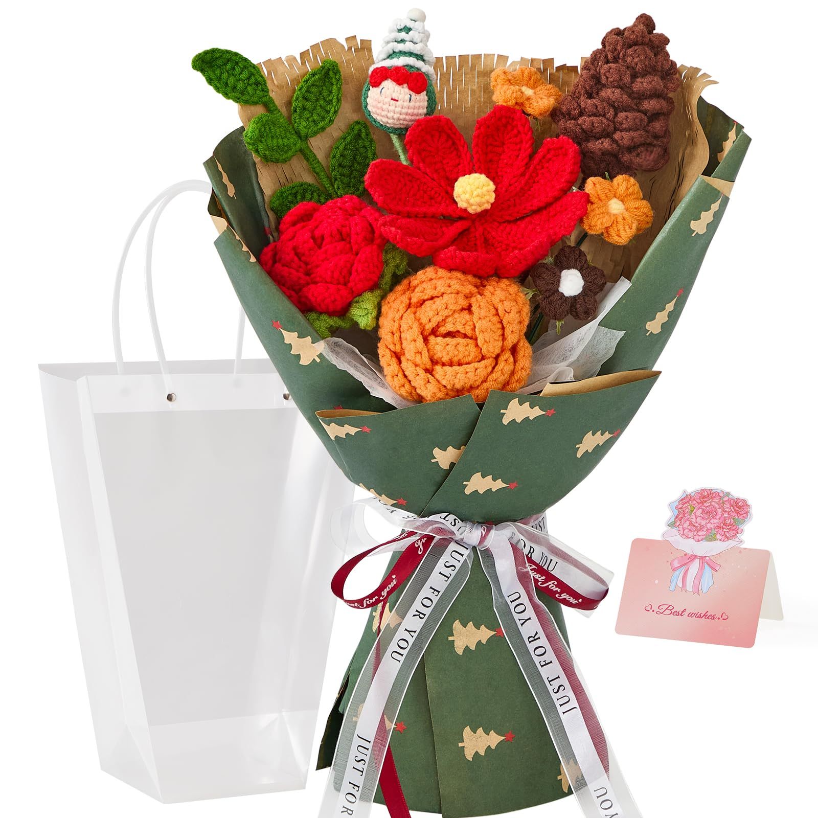 Handmade Crochet Flower Christmas Knitted Bouquet Green Completed Holiday Gift