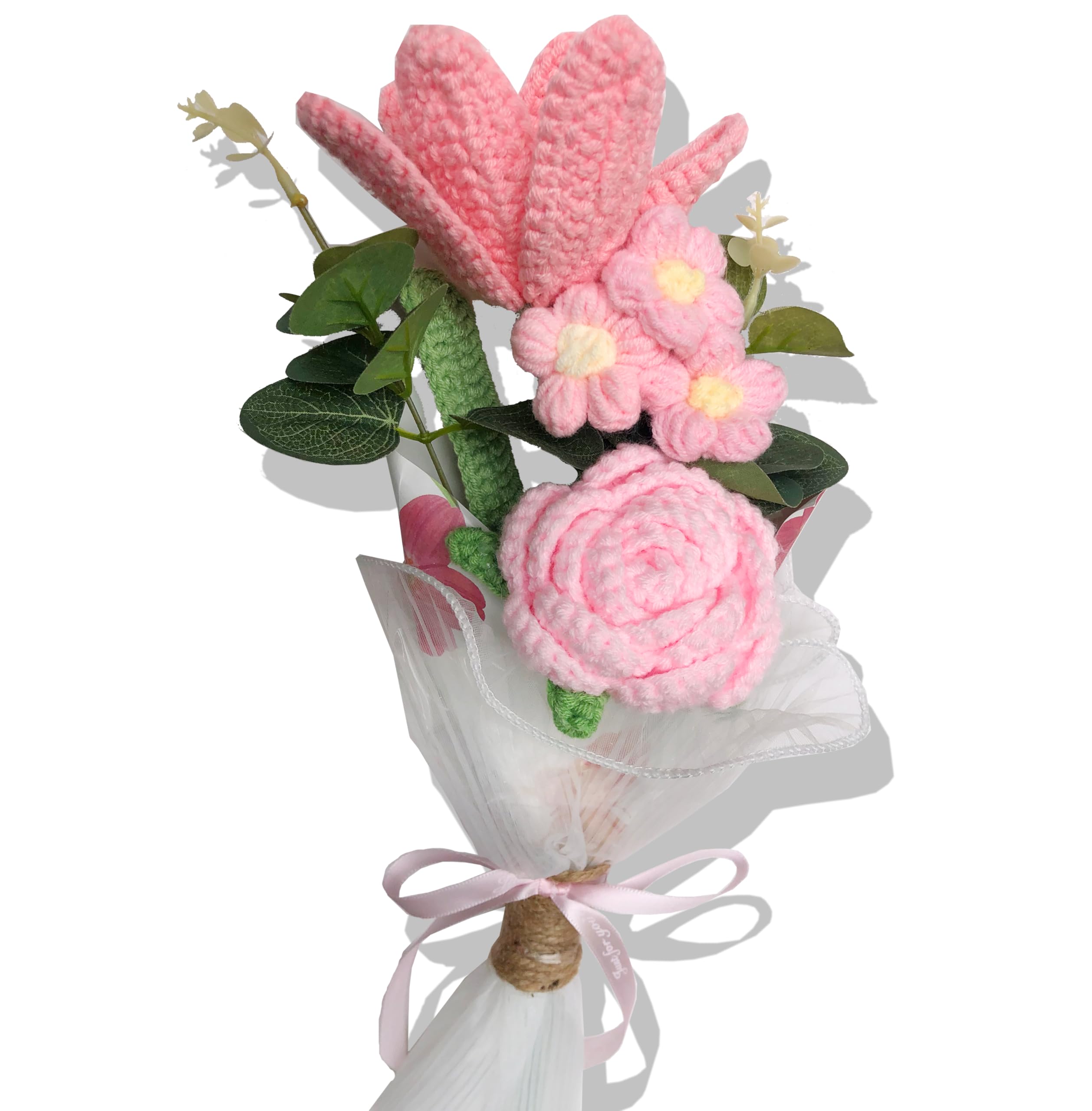 Handmade Crochet Flowers Bouquet with Pink Roses, Pink Tulips, Pink Daisy for Holiday, Birthday, Home Decor