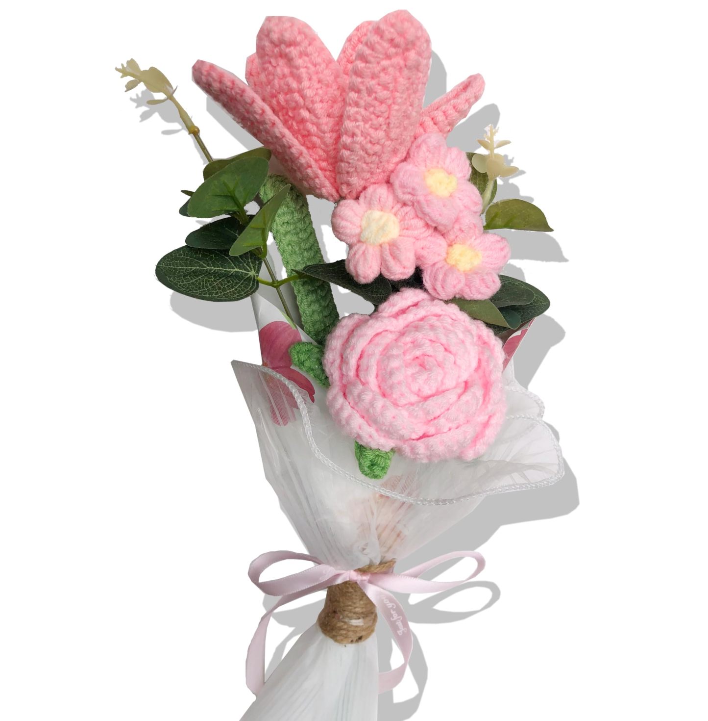 Handmade Crochet Flowers Bouquet with Pink Roses, Pink Tulips, Pink Daisy for Holiday, Birthday, Home Decor