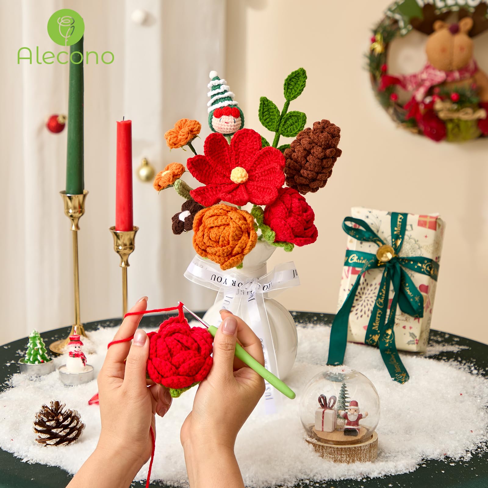 Handmade Crochet Flower Christmas Knitted Bouquet Green Completed Holiday Gift